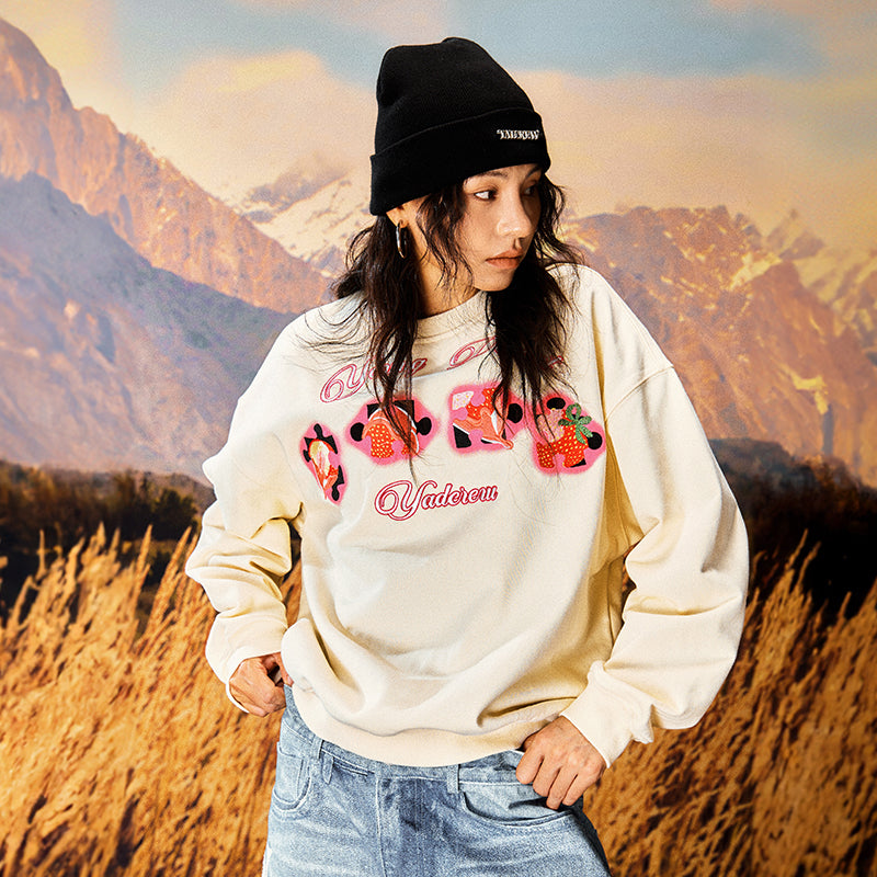 Cream Strawberry Jigsaw Embroidered Crew Neck Sweatshirt