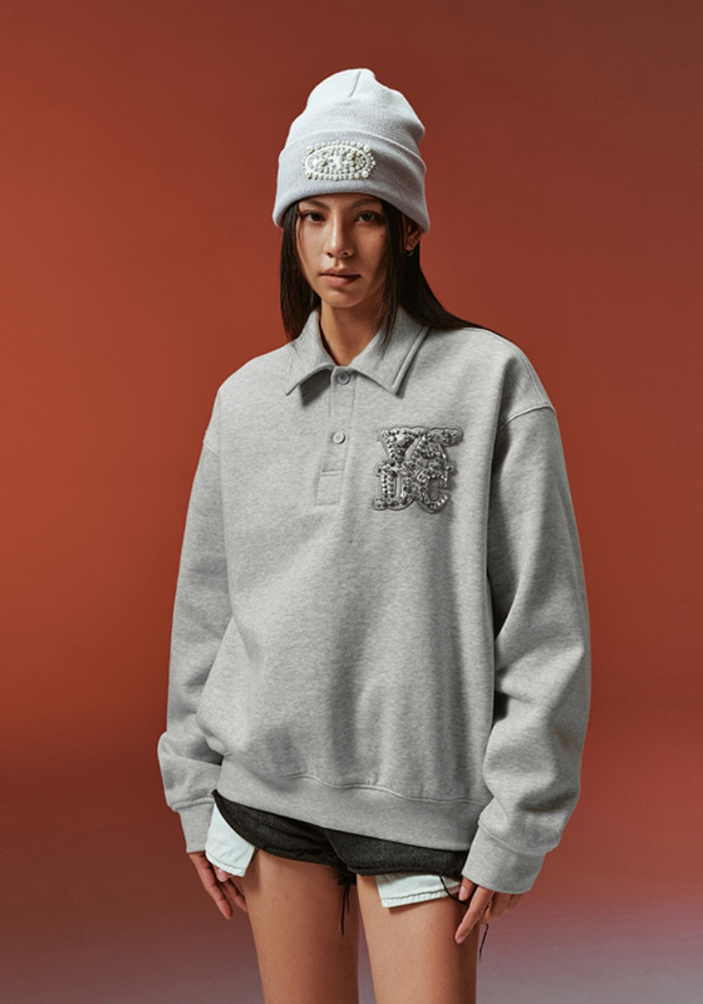 YADcrew丨Crystal-Embellished Unisex Polo Sweatshirt-White - PSYLOS 1, YADcrew丨Crystal-Embellished Unisex Polo Sweatshirt-White, Polo Shirt, YADcrew, PSYLOS 1