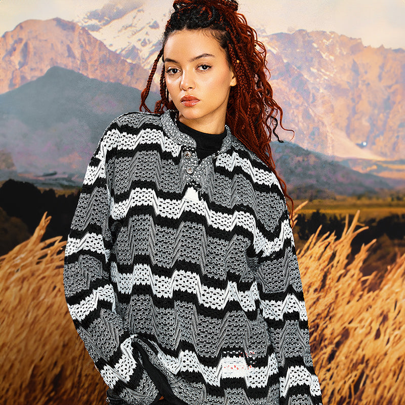 YADcrew丨Cutout Geometric Stripe Henley Collar Long Sleeve - PSYLOS 1, YADcrew丨Cutout Geometric Stripe Henley Collar Long Sleeve, Sweater, YADcrew•JAPAN, PSYLOS 1