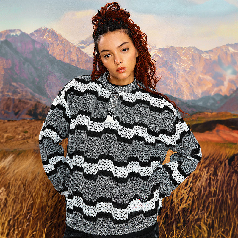 YADcrew丨Cutout Geometric Stripe Henley Collar Long Sleeve - PSYLOS 1, YADcrew丨Cutout Geometric Stripe Henley Collar Long Sleeve, Sweater, YADcrew•JAPAN, PSYLOS 1