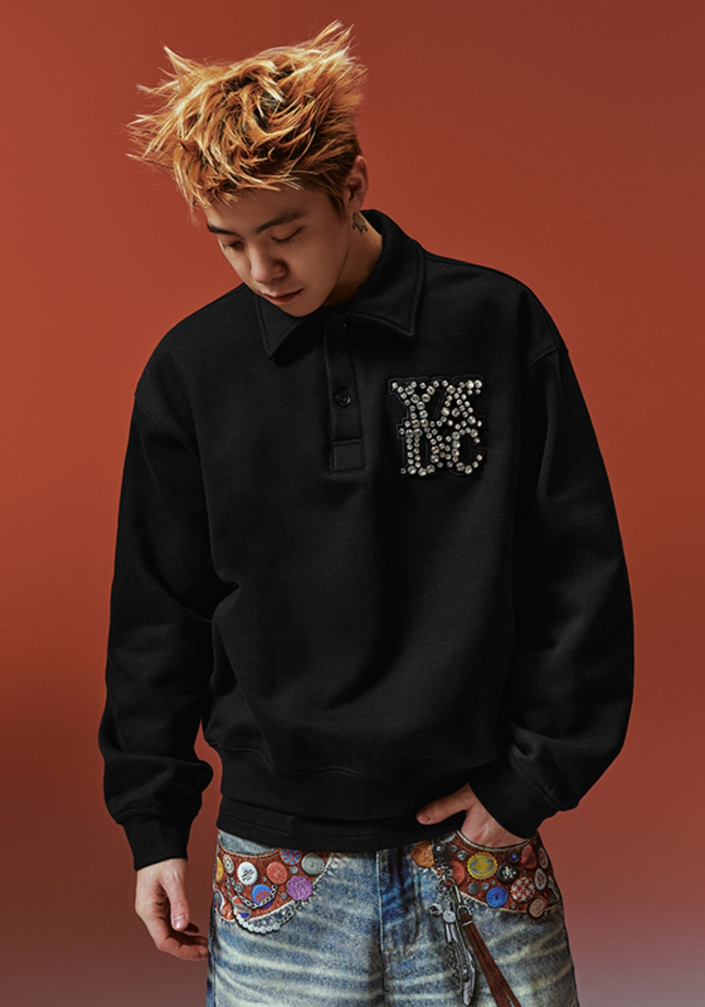 YADcrew丨Crystal-Embellished Unisex Polo Sweatshirt-Black - PSYLOS 1, YADcrew丨Crystal-Embellished Unisex Polo Sweatshirt-Black, Polo Shirt, YADcrew, PSYLOS 1