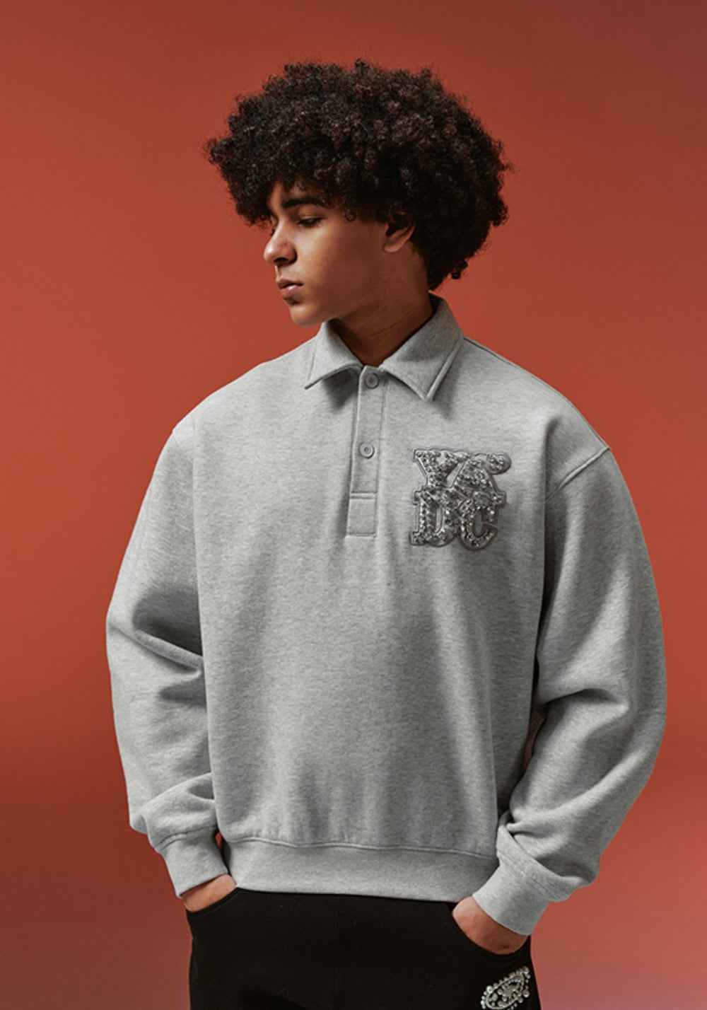 YADcrew丨Crystal-Embellished Unisex Polo Sweatshirt-White - PSYLOS 1, YADcrew丨Crystal-Embellished Unisex Polo Sweatshirt-White, Polo Shirt, YADcrew, PSYLOS 1