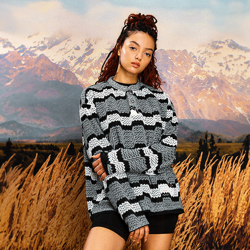 YADcrew丨Cutout Geometric Stripe Henley Collar Long Sleeve - PSYLOS 1, YADcrew丨Cutout Geometric Stripe Henley Collar Long Sleeve, Sweater, YADcrew•JAPAN, PSYLOS 1