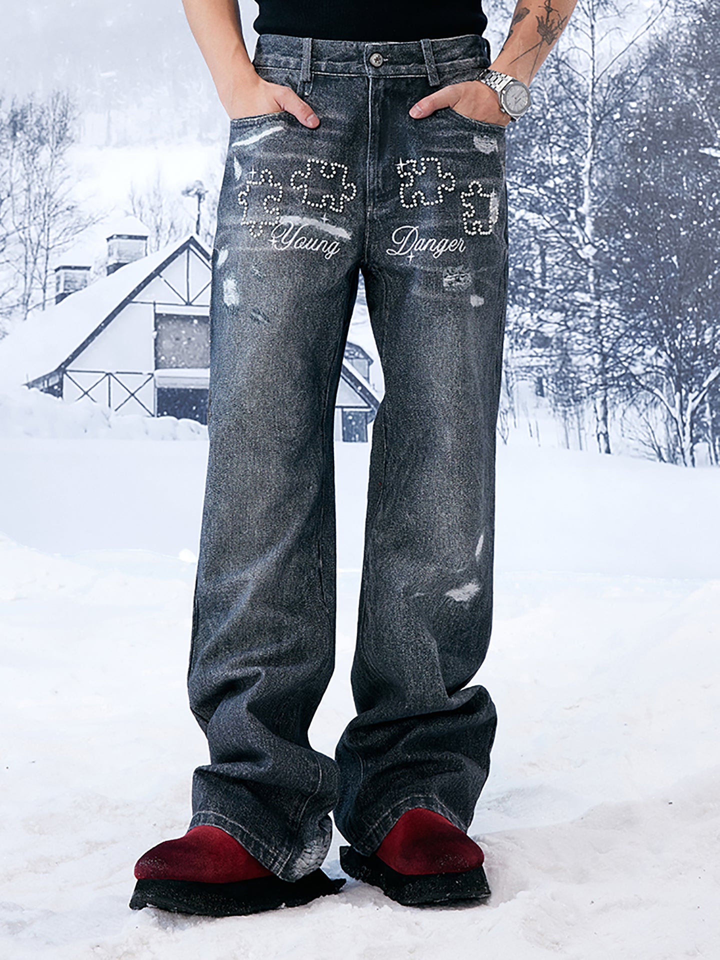 YADcrew | Pearl Embroidered Puzzle Jeans - PSYLOS 1, YADcrew | Pearl Embroidered Puzzle Jeans, Pants, YADcrew•JAPAN, PSYLOS 1