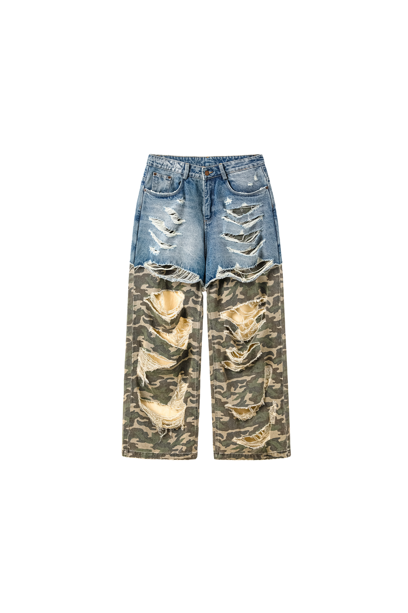 Washed Stitching Camouflage Erosion Damaged Jeans