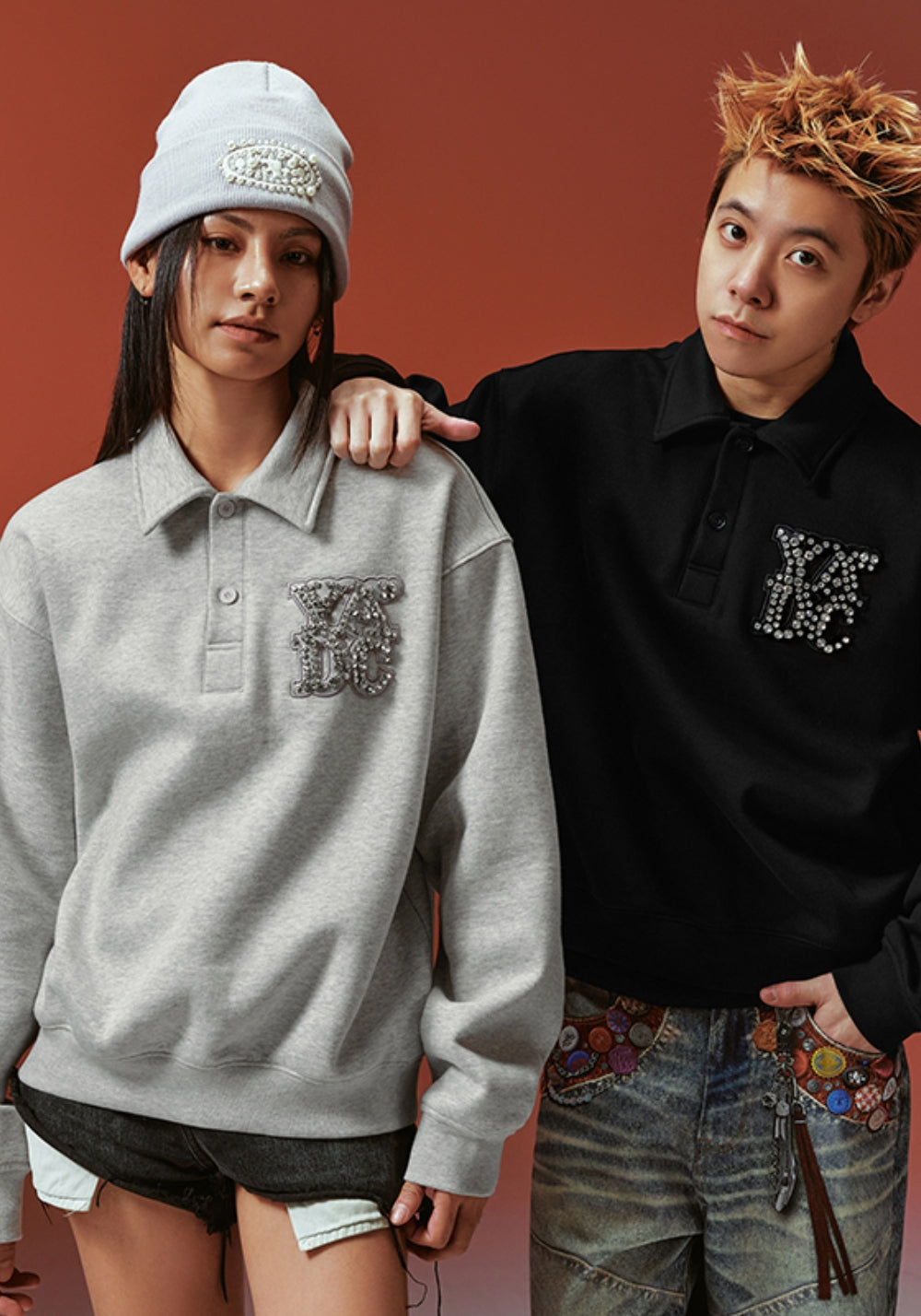 YADcrew丨Crystal-Embellished Unisex Polo Sweatshirt-White - PSYLOS 1, YADcrew丨Crystal-Embellished Unisex Polo Sweatshirt-White, Polo Shirt, YADcrew, PSYLOS 1