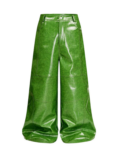 REBEL WAVE | Green Liquid Leather Wide-Leg Pants