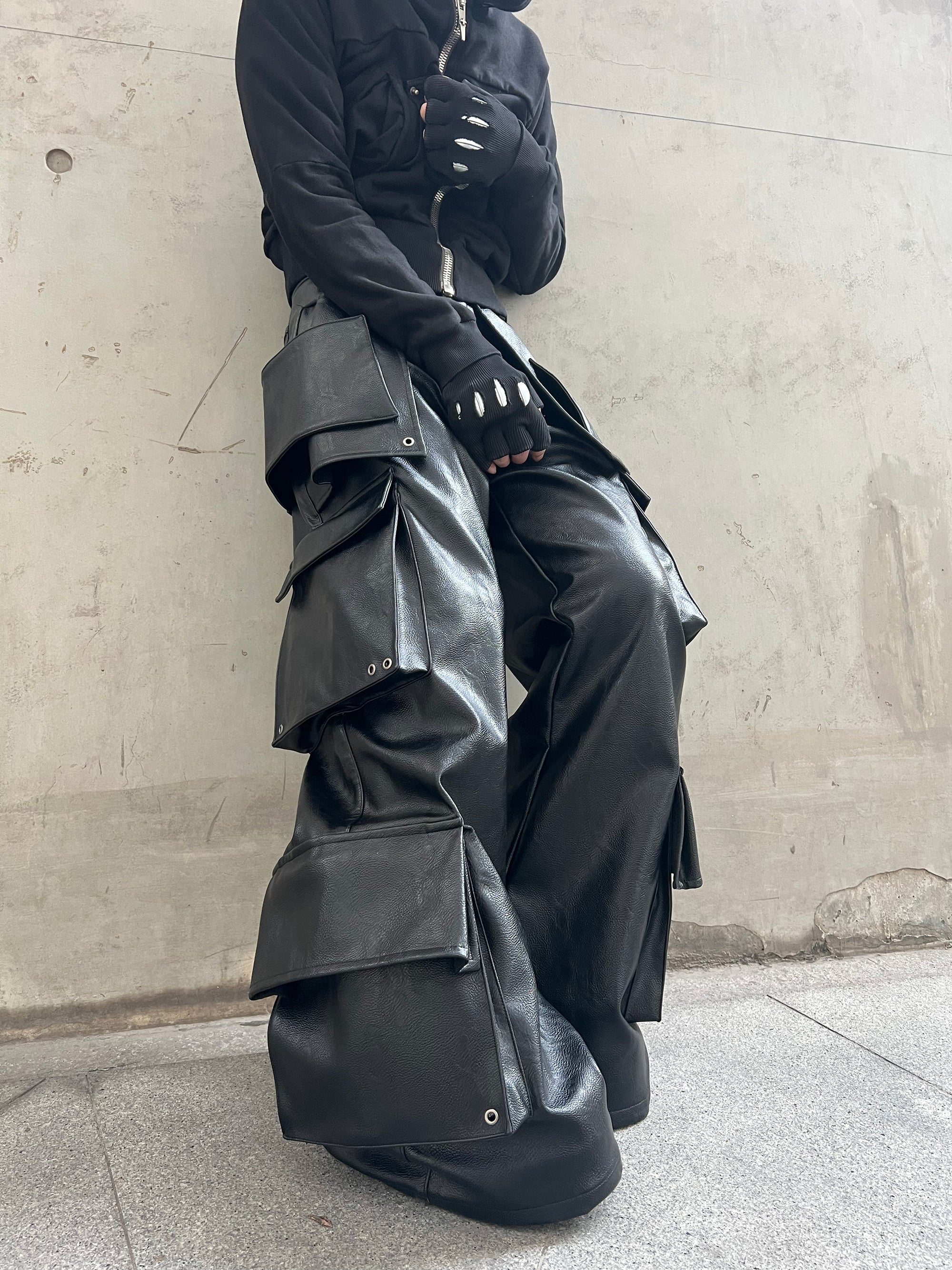 REBEL WAVE丨Structured Multi-Pocket Leather Cargos - PSYLOS 1, REBEL WAVE丨Structured Multi-Pocket Leather Cargos, Pants, REBEL WAVE•JAPAN, PSYLOS 1