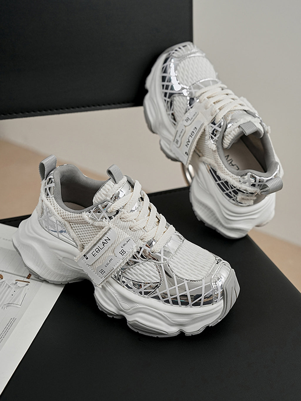 EBLAN | Silver Chunky Mesh Joggers Street Style - PSYLOS 1, EBLAN | Silver Chunky Mesh Joggers Street Style, Shoes, EBLAN, PSYLOS 1