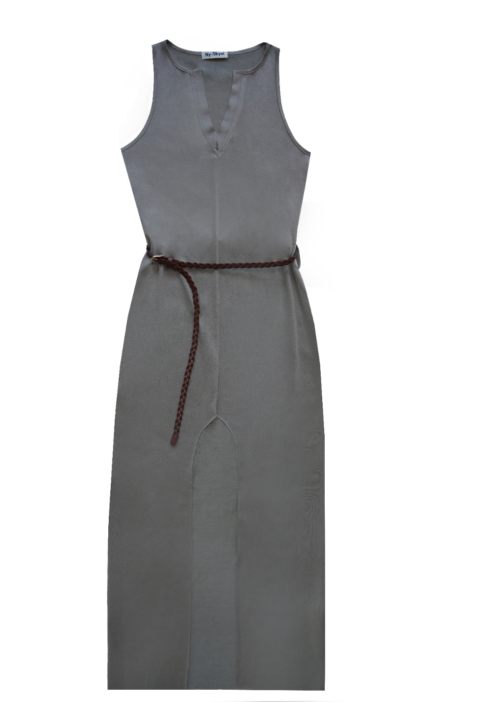NyDkyel丨V-Neck Modal Maxi Dress with Belt - Side Slit-Gray - PSYLOS 1, NyDkyel丨V-Neck Modal Maxi Dress with Belt - Side Slit-Gray, Dress, NyDkyel, PSYLOS 1