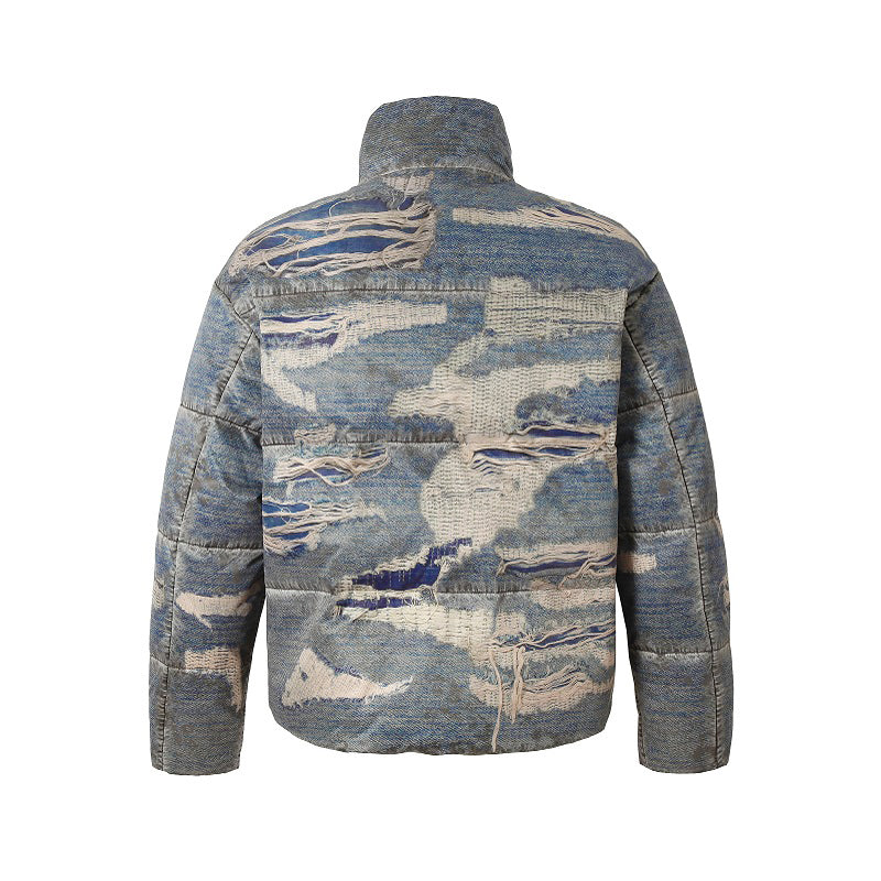 “Ragged Oil” Ragged Printed Denim White Duck Down Jacket