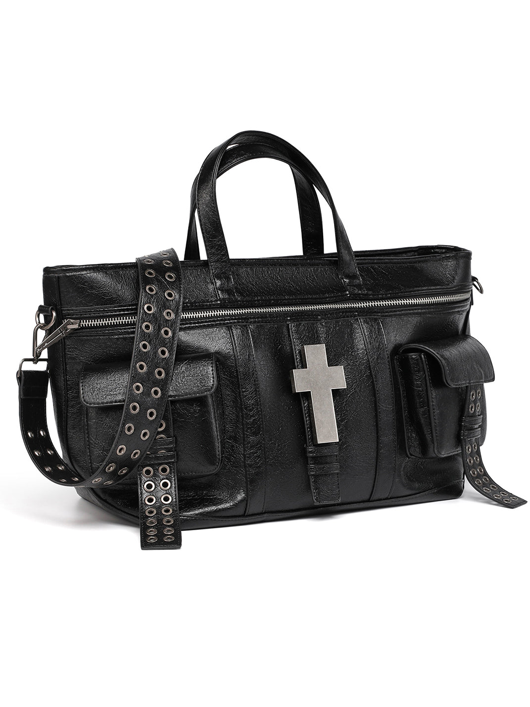 REBEL WAVE | Cross Pattern Cracked Leather Tote Bag - PSYLOS 1, REBEL WAVE | Cross Pattern Cracked Leather Tote Bag, Accessories, REBEL WAVE, PSYLOS 1