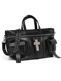 REBEL WAVE | Cross Pattern Cracked Leather Tote Bag - PSYLOS 1, REBEL WAVE | Cross Pattern Cracked Leather Tote Bag, Accessories, REBEL WAVE, PSYLOS 1