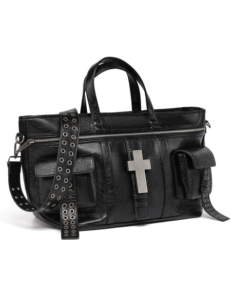 REBEL WAVE | Cross Pattern Cracked PU Leather Tote Bag