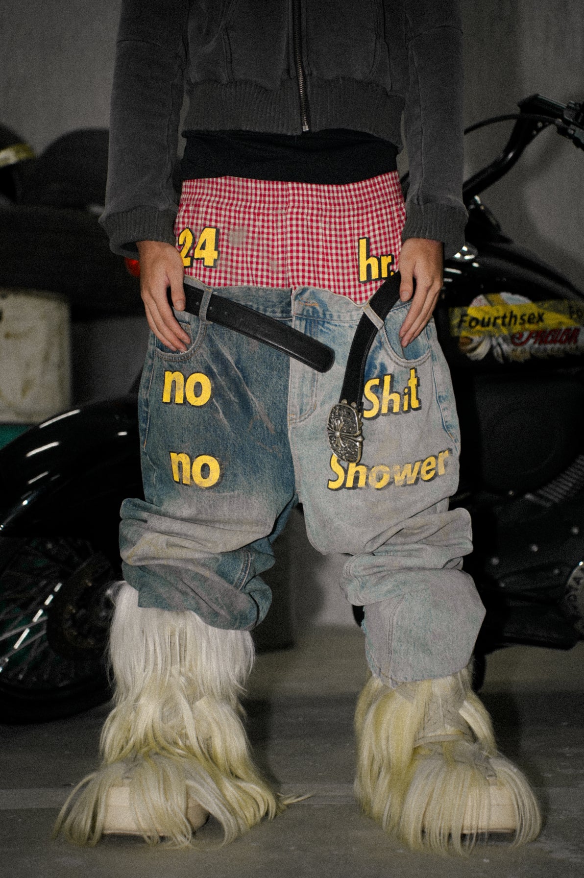 Fourth3ex 24Fw double-waist streetwear distressed and dirty-washed jeans