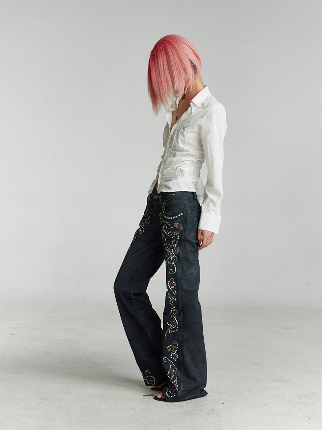 FayChui | Retro Gem Print Flared Denim Look Pants - PSYLOS 1, FayChui | Retro Gem Print Flared Denim Look Pants, Jeans, FayChui, PSYLOS 1