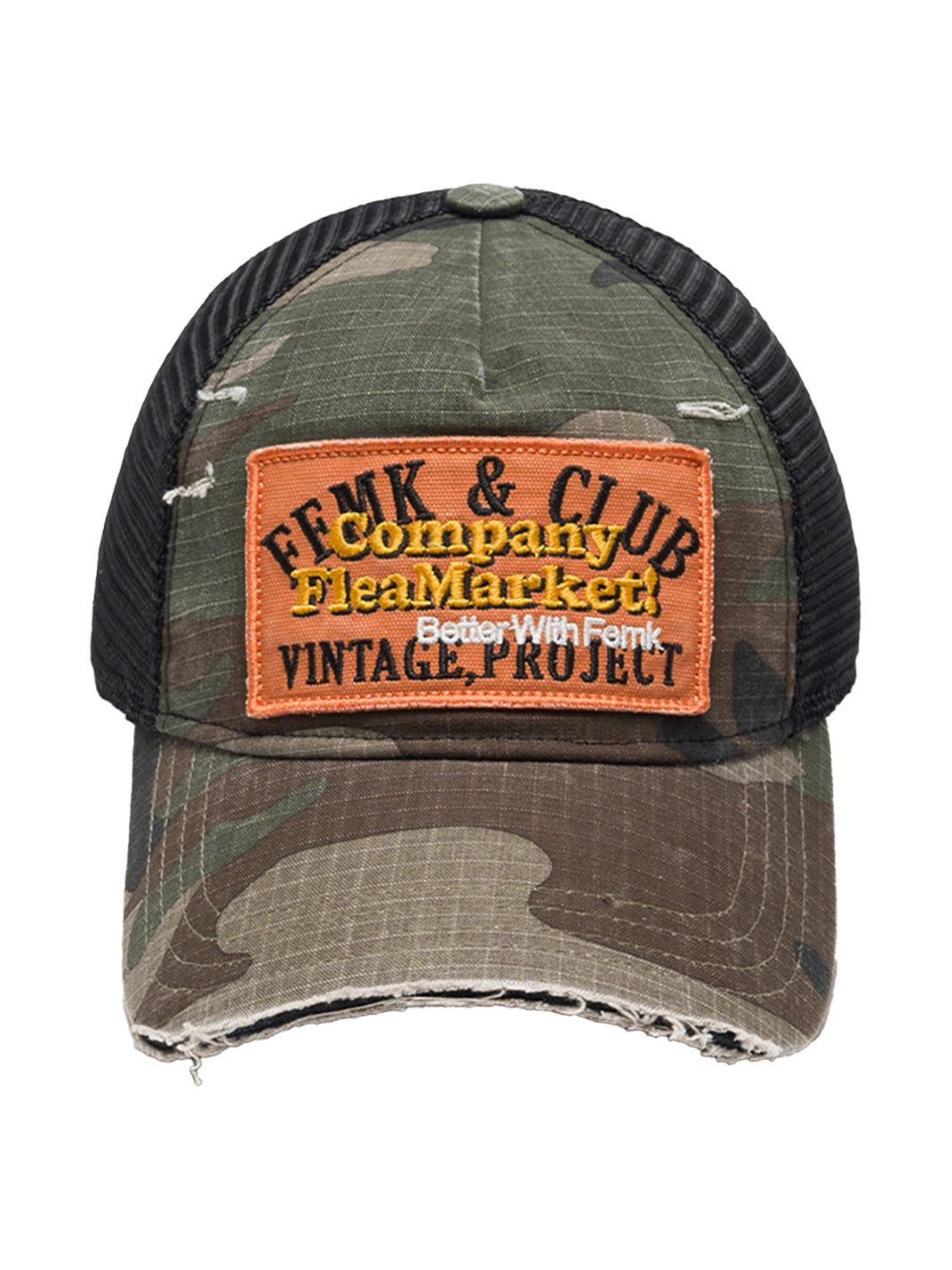 FLEAMARKET | Camo Patchwork Curve Brim Trucker Hat - PSYLOS 1, FLEAMARKET | Camo Patchwork Curve Brim Trucker Hat, Hats, FLEAMARKET, PSYLOS 1