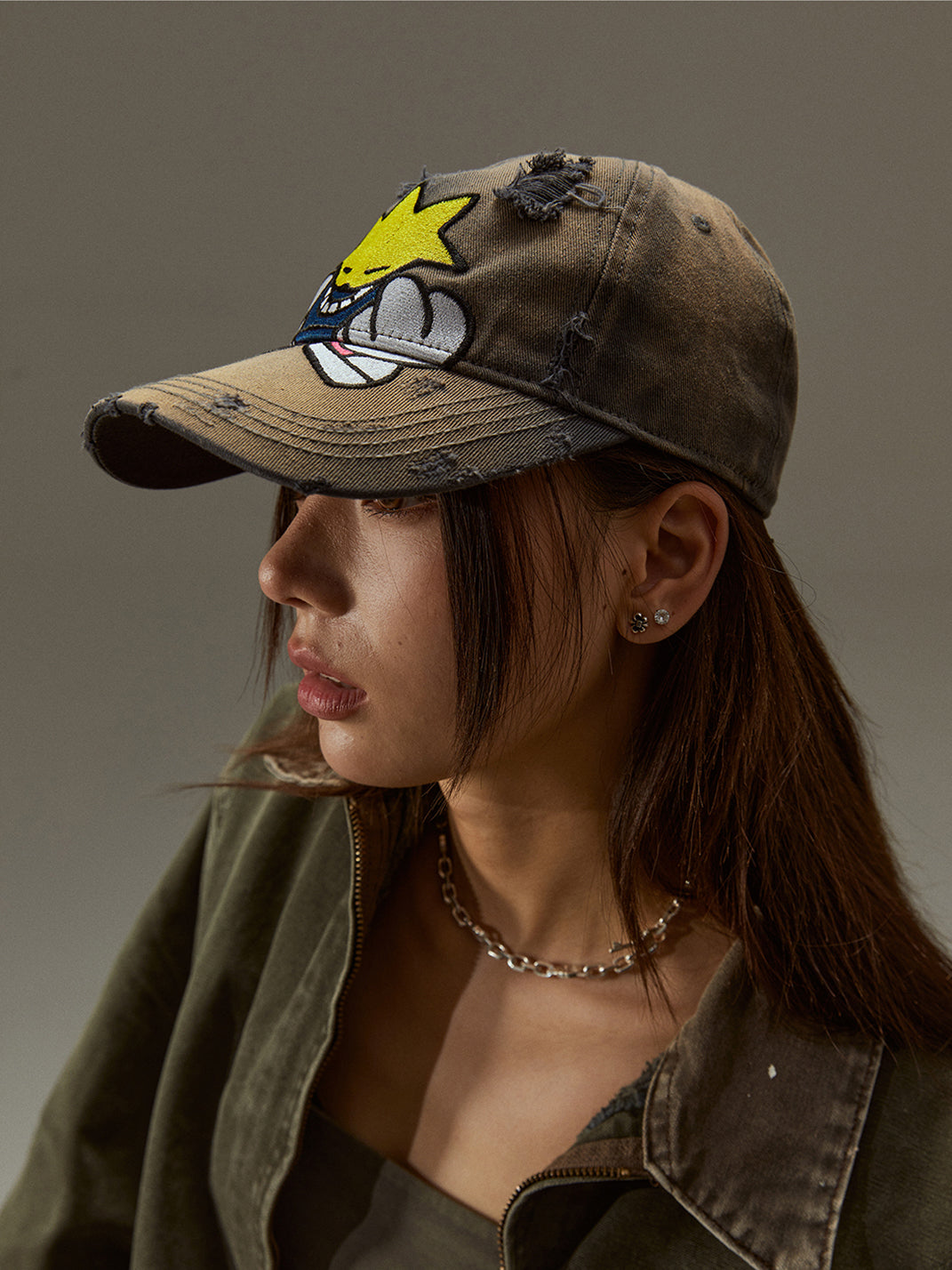 FLEAMARKET | Cartoon Sitchwork Ripped Curve Brim Cap-Brown - PSYLOS 1, FLEAMARKET | Cartoon Sitchwork Ripped Curve Brim Cap-Brown, Hats, FLEAMARKET, PSYLOS 1