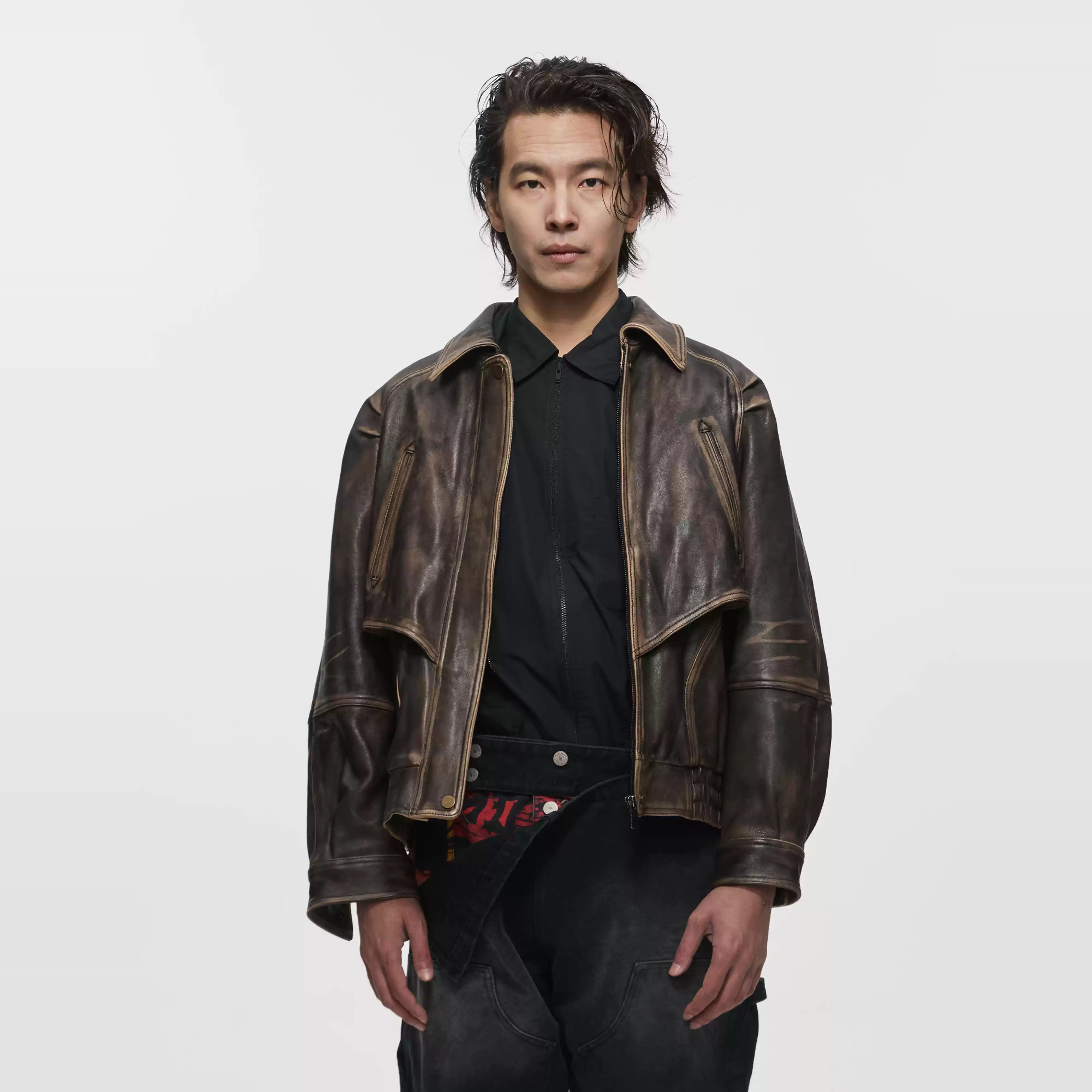 Distressed Wash Vintage-Style Vegetable-Tanned Leather Biker Jacket