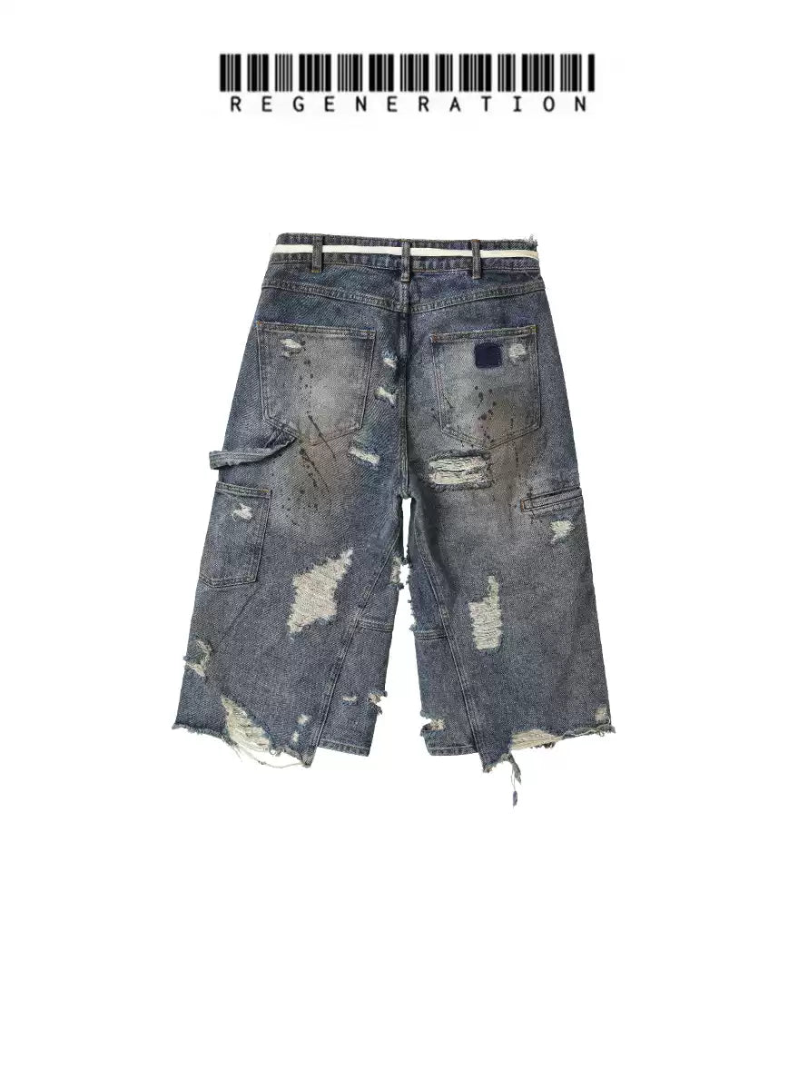 REGEN ZONE 25SS "RIOT" Okayama Distressed Patchwork Denim Cropped Pants