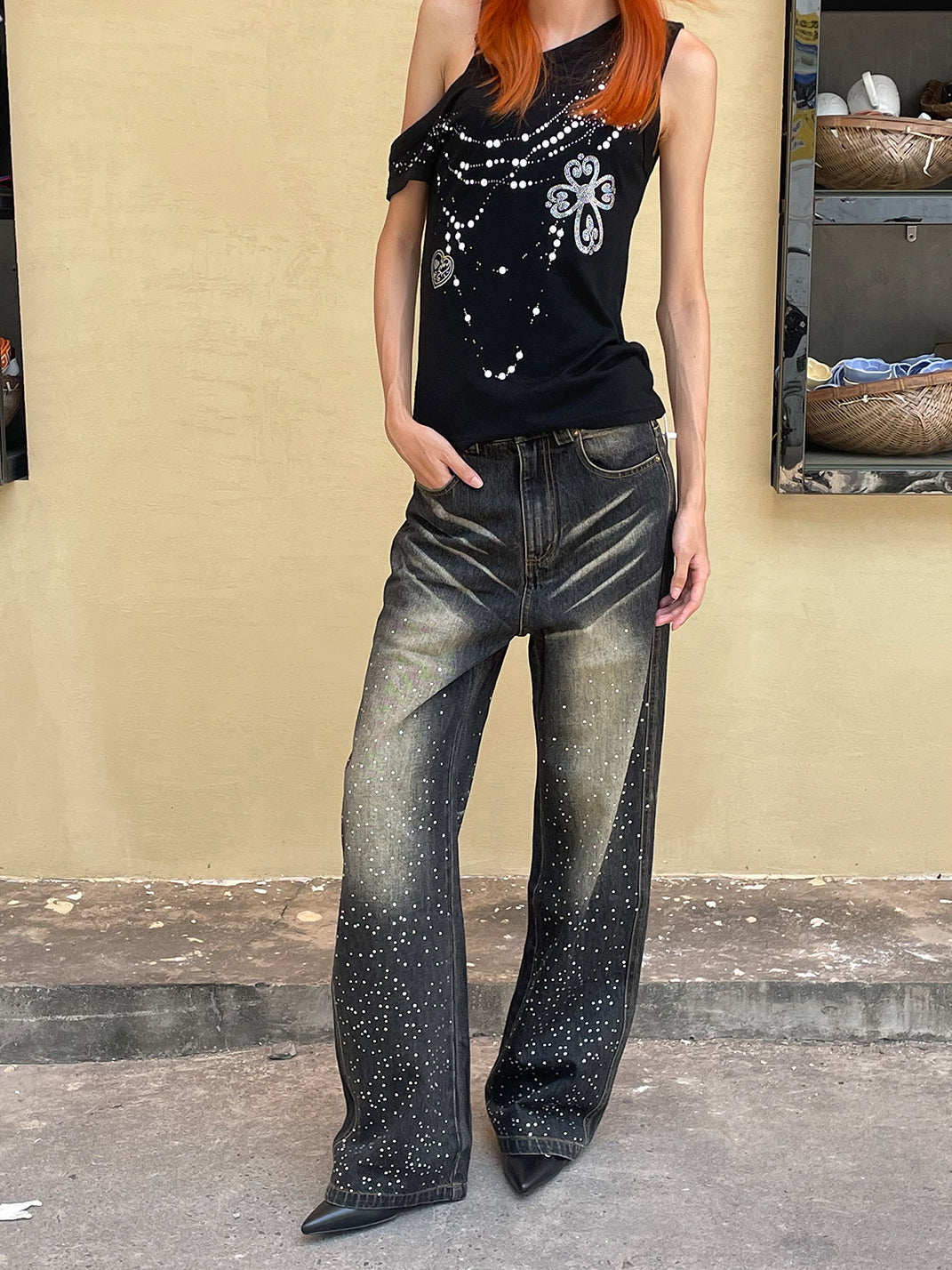 FayChui | Washed Tie-Dye Rhinestone Wide-Leg Jeans - PSYLOS 1, FayChui | Washed Tie-Dye Rhinestone Wide-Leg Jeans, Jeans, FayChui, PSYLOS 1