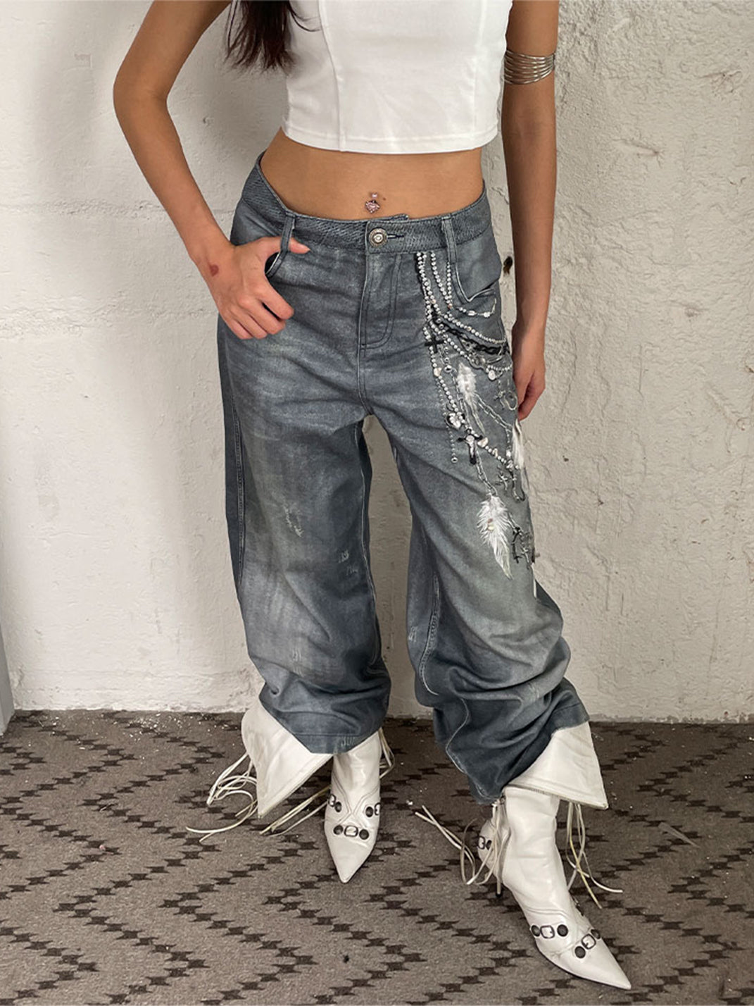 FayChui | Pearl Chain Print Washed Straight Jeans - PSYLOS 1, FayChui | Pearl Chain Print Washed Straight Jeans, Jeans, FayChui, PSYLOS 1