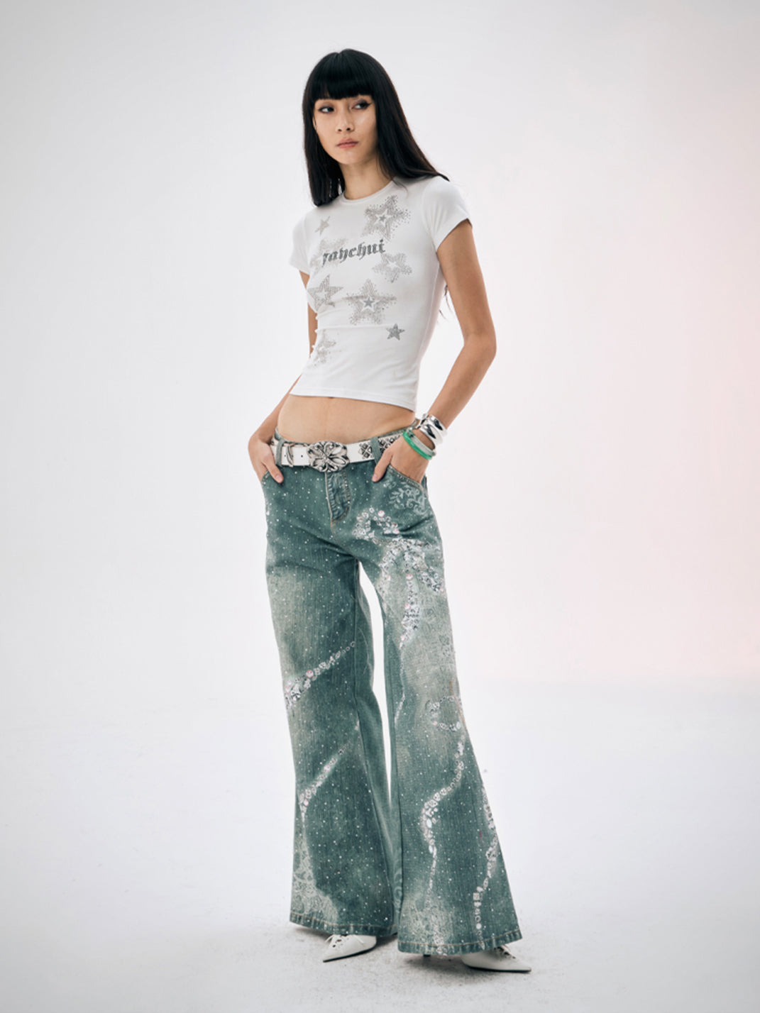 FayChui | Rhinestone Bow Wide-Leg 3D Print Pants - PSYLOS 1, FayChui | Rhinestone Bow Wide-Leg 3D Print Pants, Jeans, FayChui, PSYLOS 1