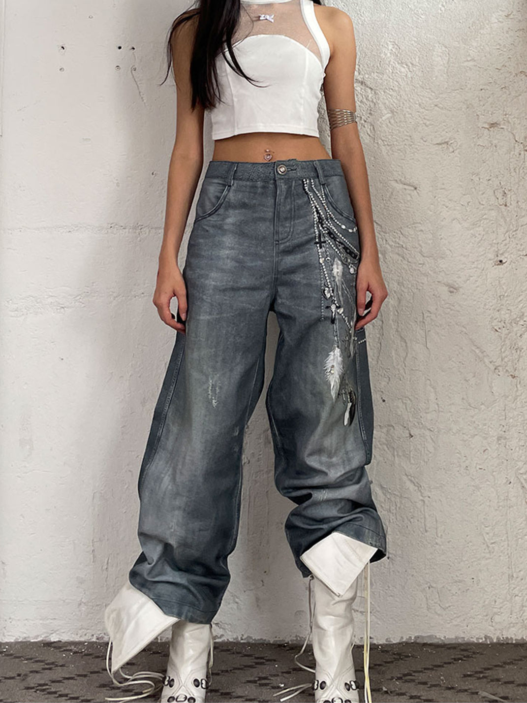 FayChui | Pearl Chain Print Washed Straight Jeans - PSYLOS 1, FayChui | Pearl Chain Print Washed Straight Jeans, Jeans, FayChui, PSYLOS 1