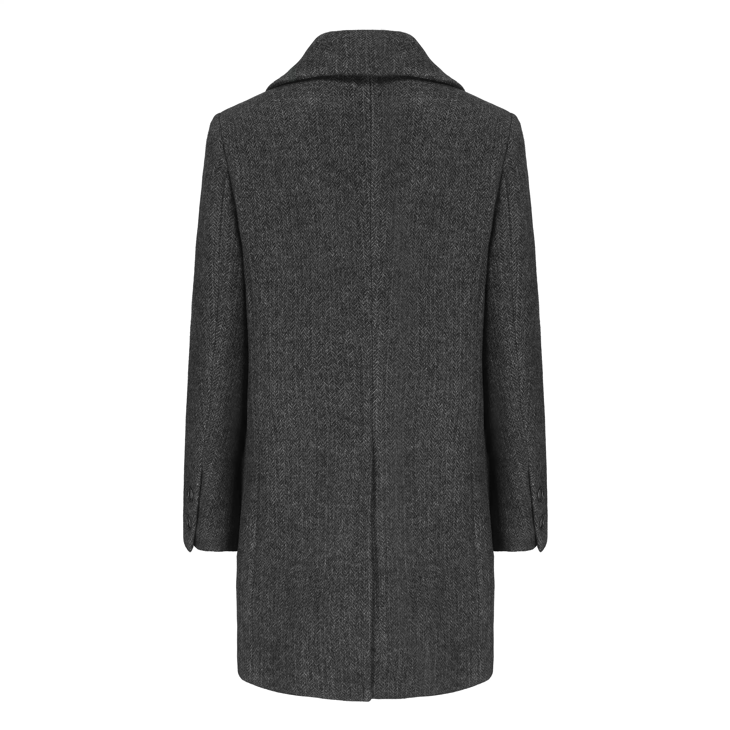 Classic Gray Herringbone Double-Breasted Structured Wool Coat with Unique Lapel