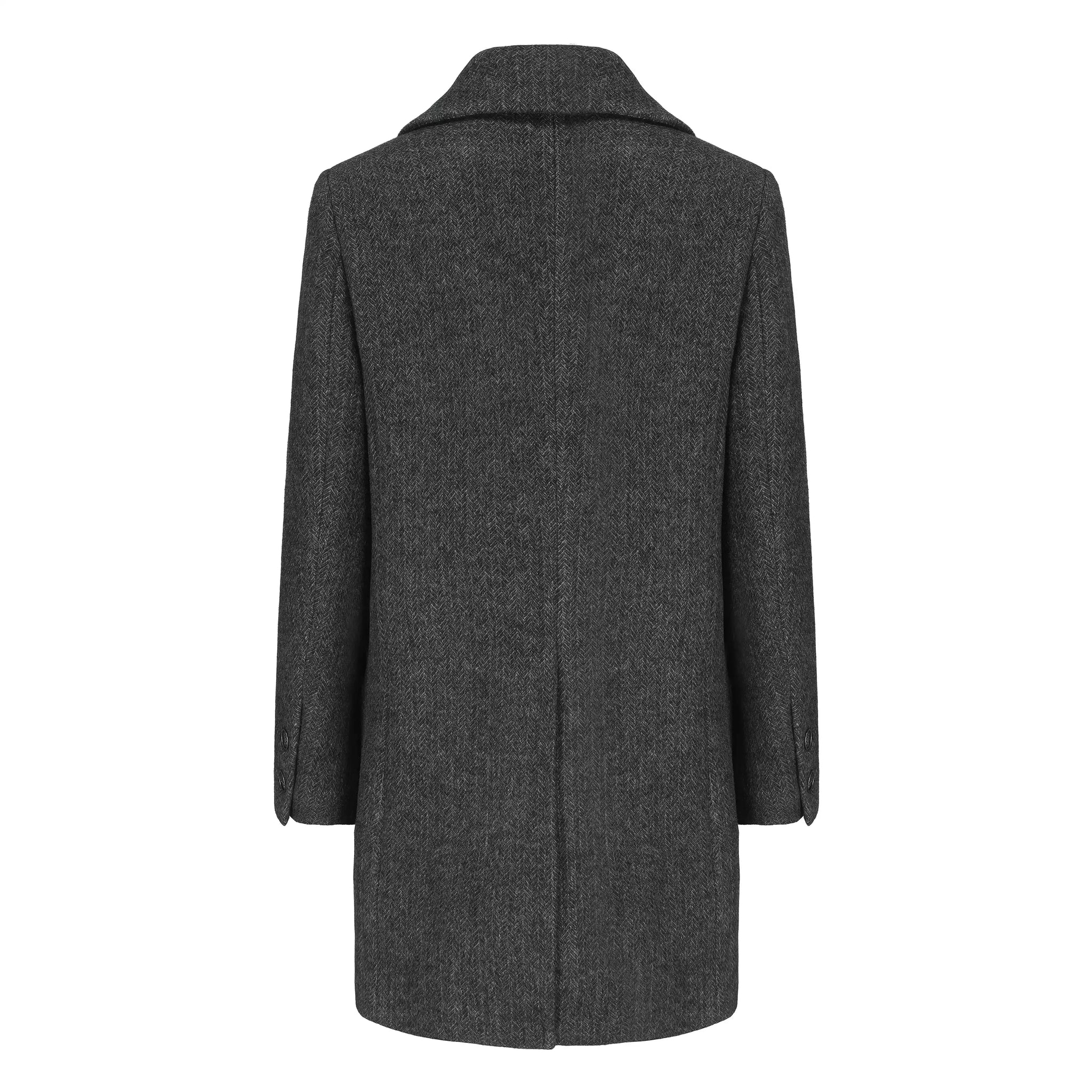 Classic Gray Herringbone Double-Breasted Structured Wool Coat with Unique Lapel