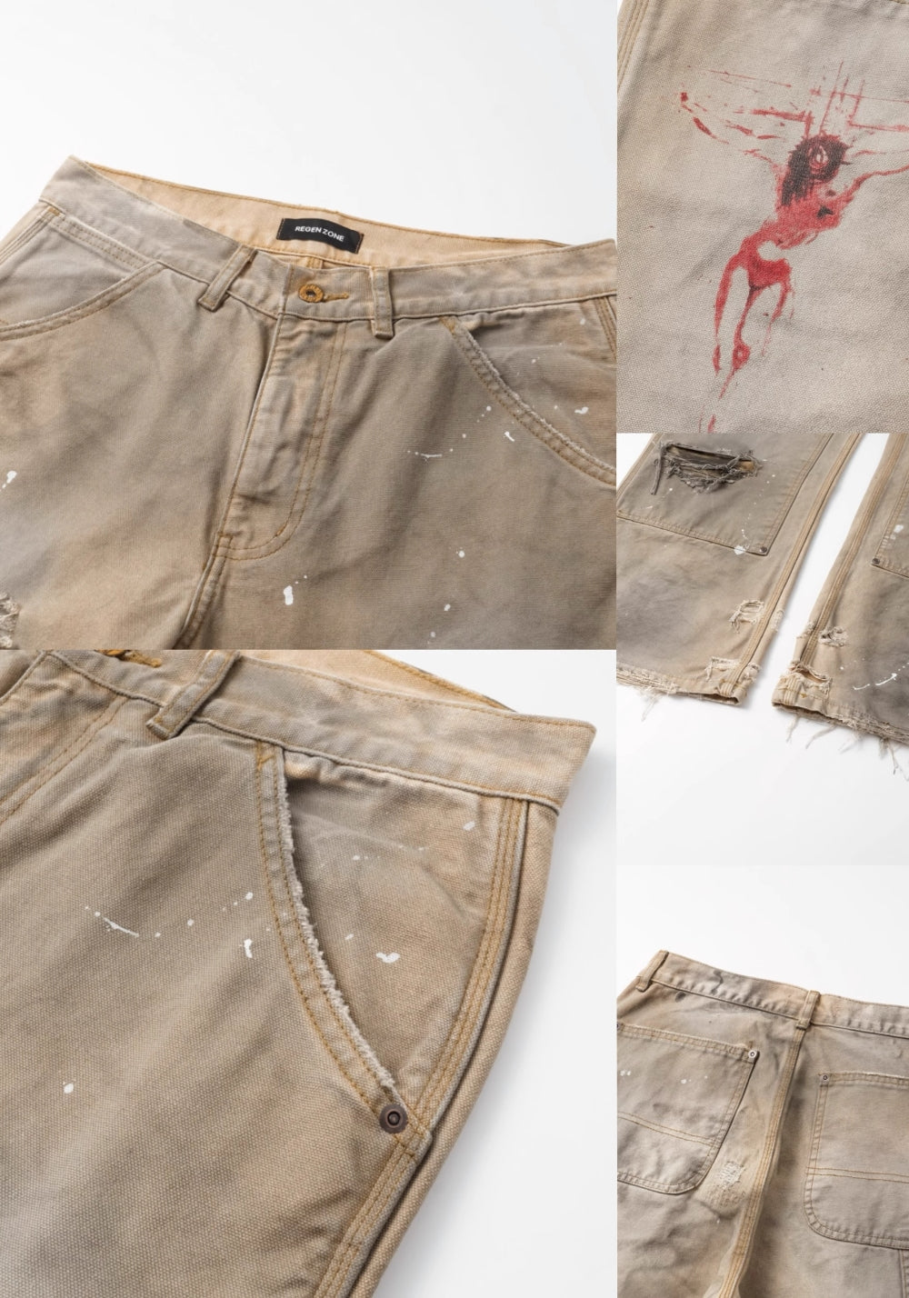 REGEN ZONE丨"RIOT" Dirty White Cross Distressed Logger Pants - PSYLOS 1, REGEN ZONE丨"RIOT" Dirty White Cross Distressed Logger Pants, Pants, REGEN ZONE•JAPAN, PSYLOS 1