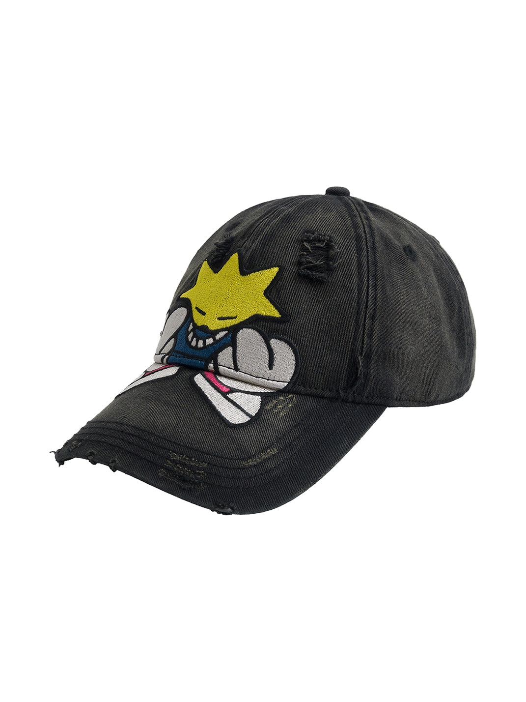 FLEAMARKET | Cartoon Sitchwork Ripped Curve Brim Cap-Black - PSYLOS 1, FLEAMARKET | Cartoon Sitchwork Ripped Curve Brim Cap-Black, Hats, FLEAMARKET, PSYLOS 1