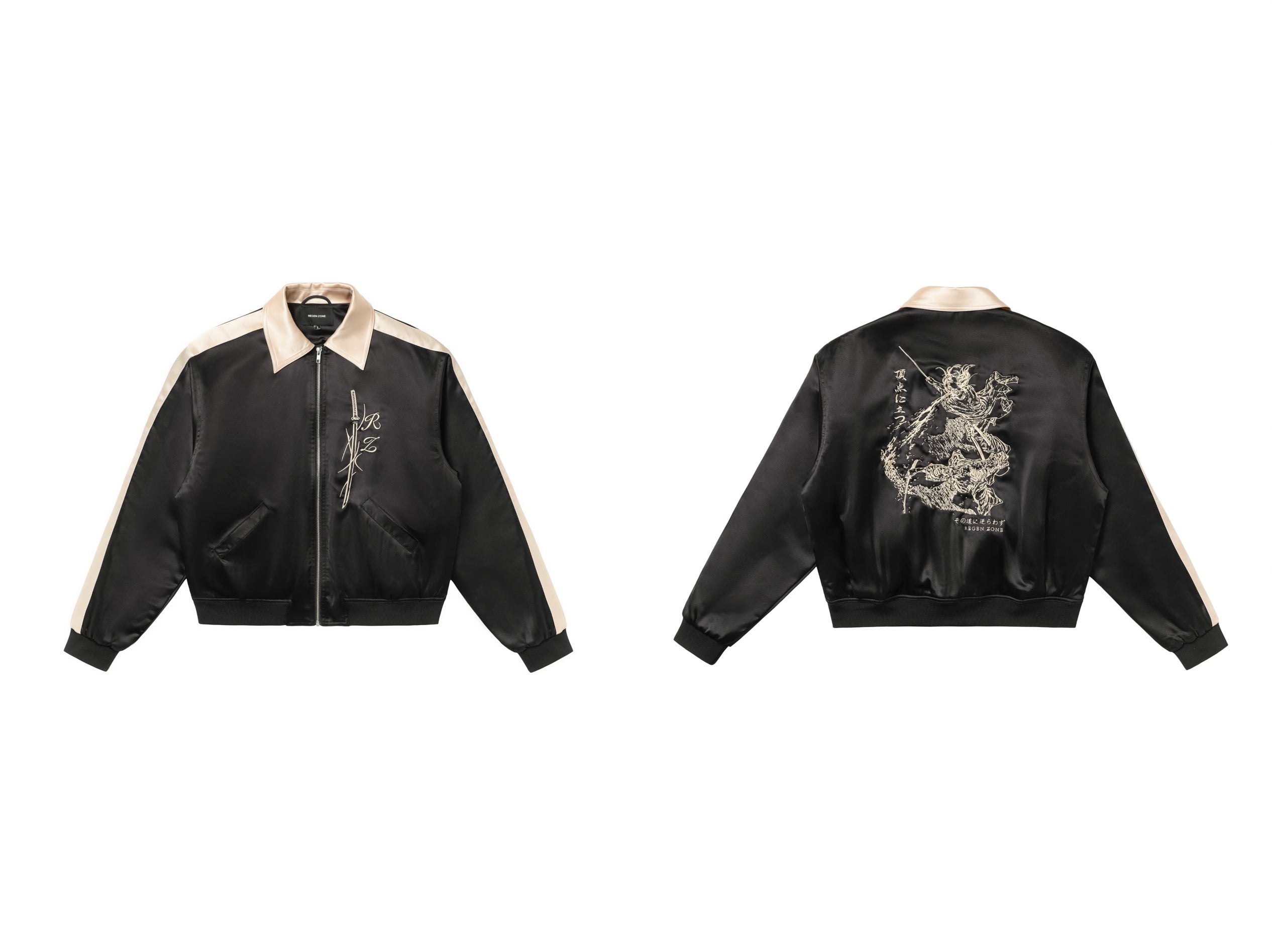 REGEN ZONE | Ronin Luxe Satin Embroidered Jacket - Black & Gold - PSYLOS 1, REGEN ZONE | Ronin Luxe Satin Embroidered Jacket - Black & Gold, Jacket, REGEN ZONE•JAPAN, PSYLOS 1