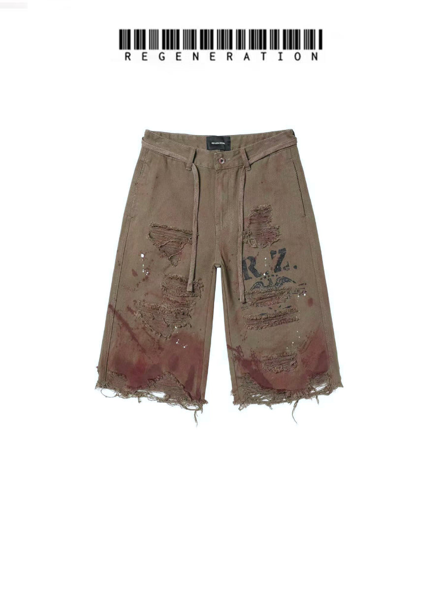 REGEN ZONE 25ss "RIOT" Blood Eagle Army Green Distressed Hemostatic Cropped Pants