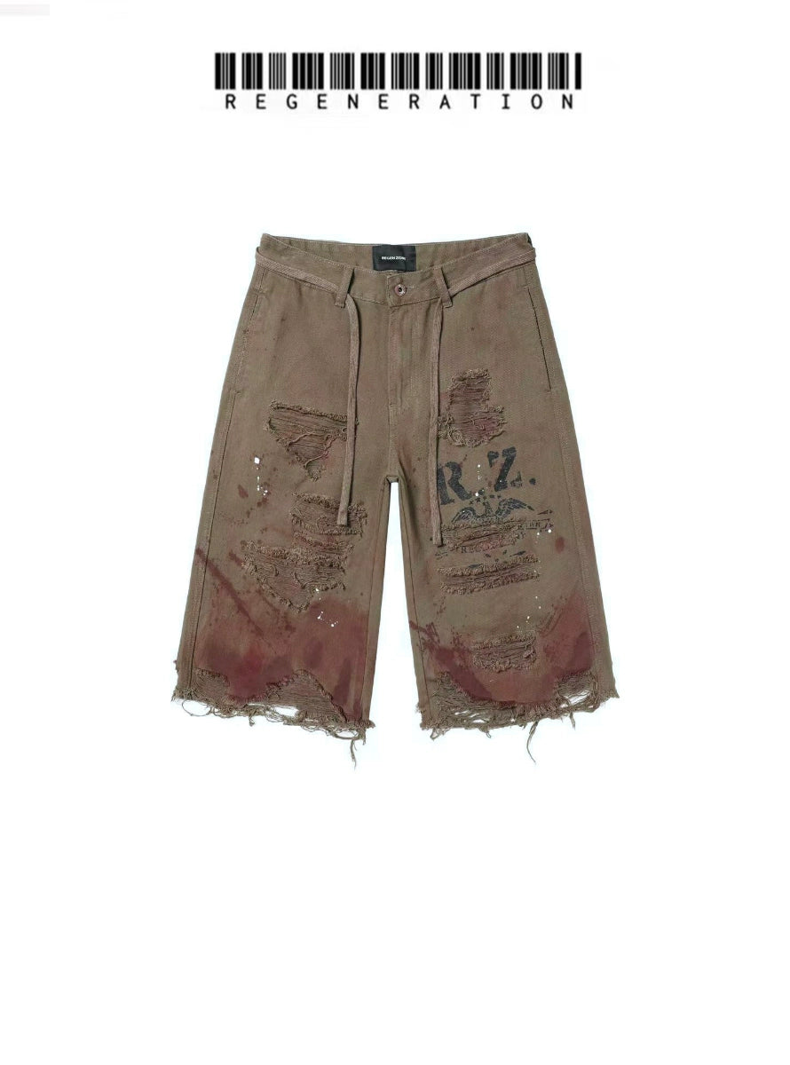 REGEN ZONE 25ss "RIOT" Blood Eagle Army Green Distressed Hemostatic Cropped Pants