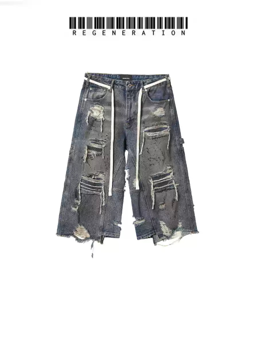 REGEN ZONE 25SS "RIOT" Okayama Distressed Patchwork Denim Cropped Pants