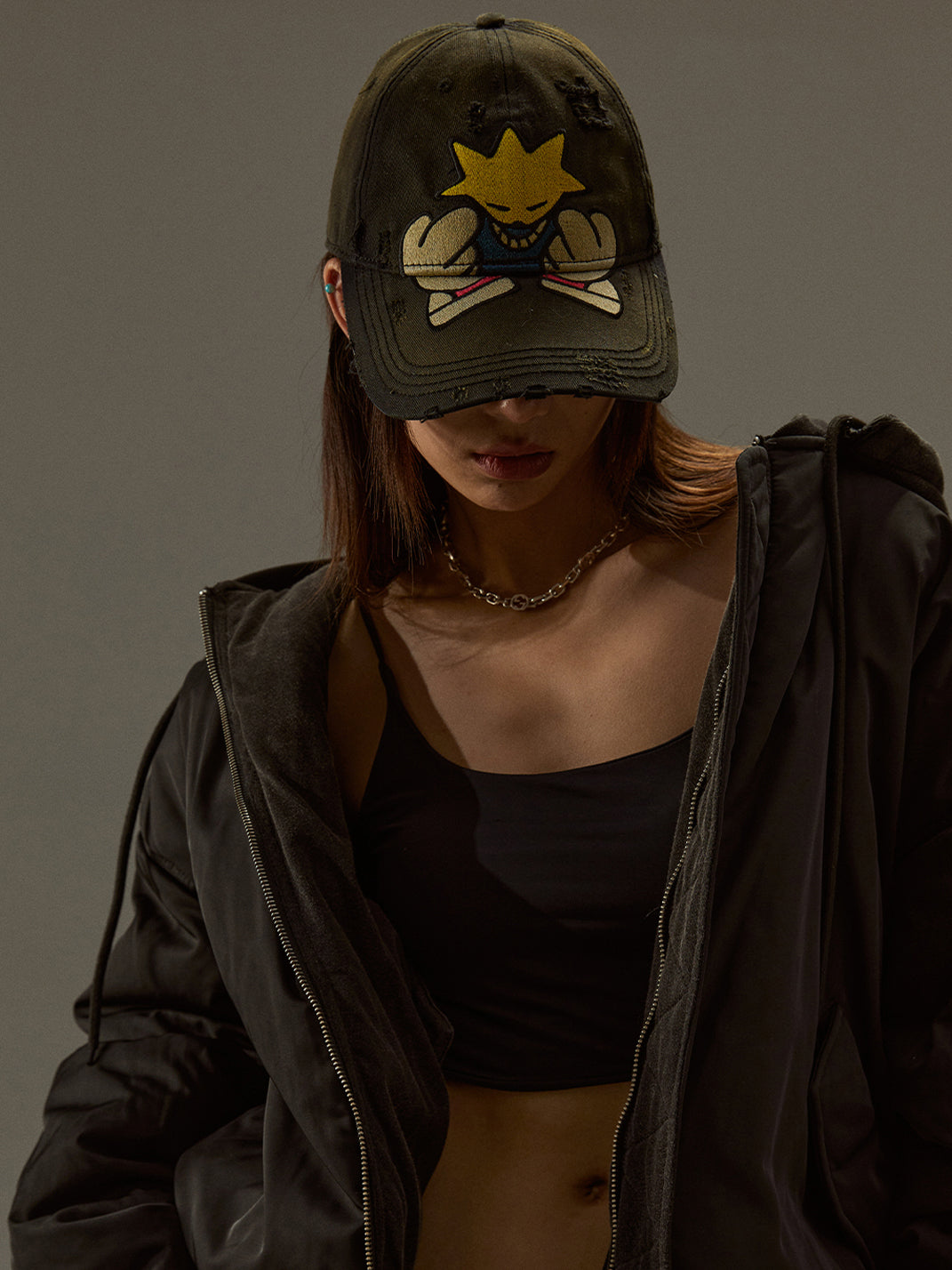 FLEAMARKET | Cartoon Sitchwork Ripped Curve Brim Cap-Black - PSYLOS 1, FLEAMARKET | Cartoon Sitchwork Ripped Curve Brim Cap-Black, Hats, FLEAMARKET, PSYLOS 1