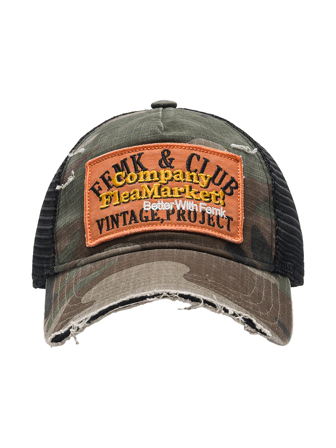 FLEAMARKET | Camo Patchwork Curve Brim Trucker Hat - PSYLOS 1, FLEAMARKET | Camo Patchwork Curve Brim Trucker Hat, Hats, FLEAMARKET, PSYLOS 1