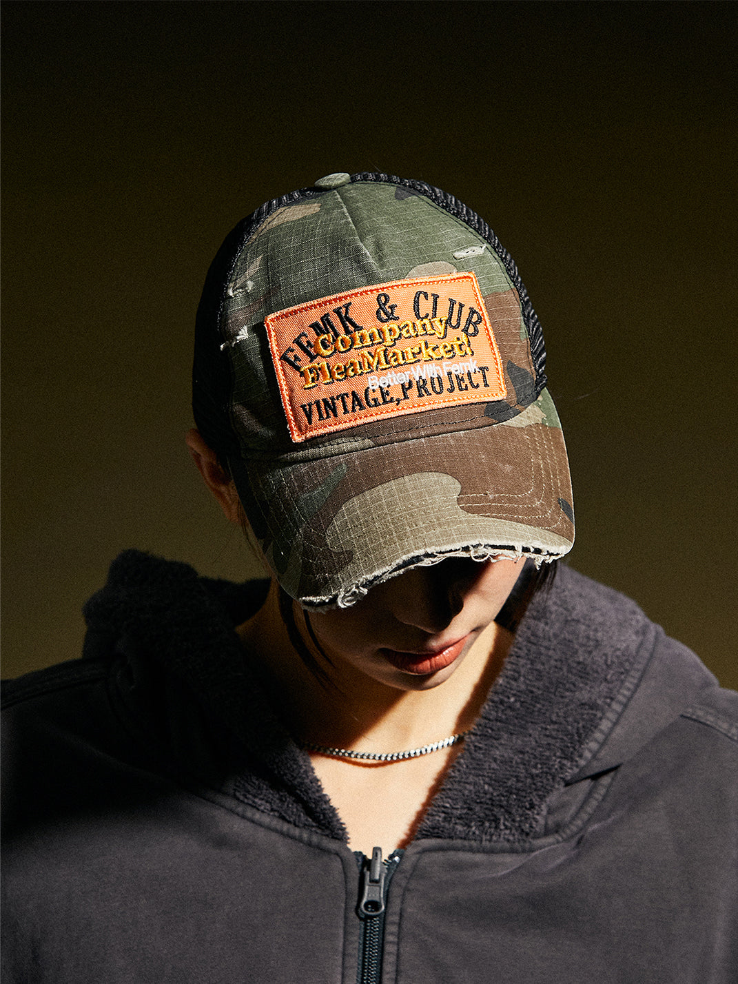 FLEAMARKET | Camo Patchwork Curve Brim Trucker Hat - PSYLOS 1, FLEAMARKET | Camo Patchwork Curve Brim Trucker Hat, Hats, FLEAMARKET, PSYLOS 1