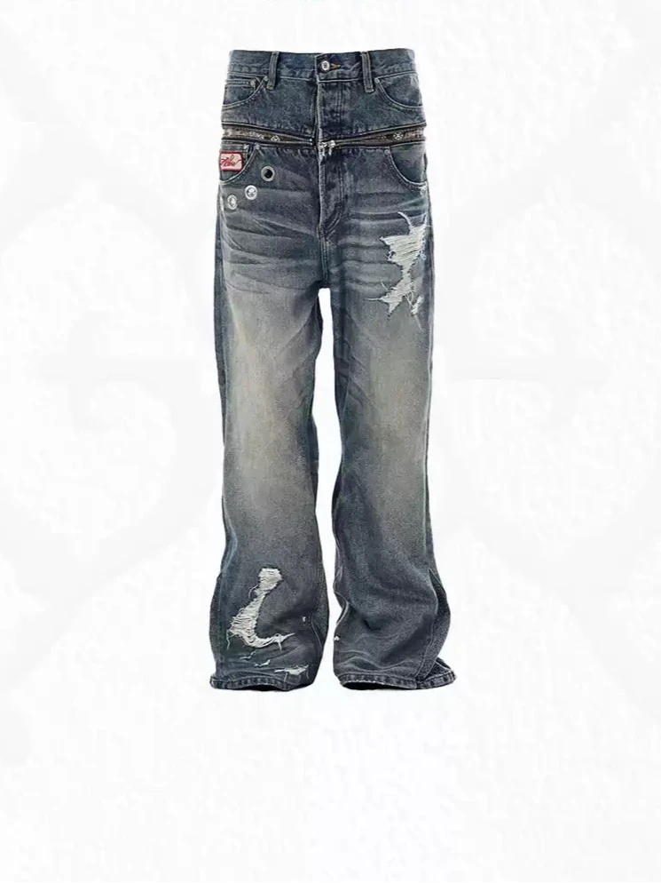 Washed Zippered Denim Jeans