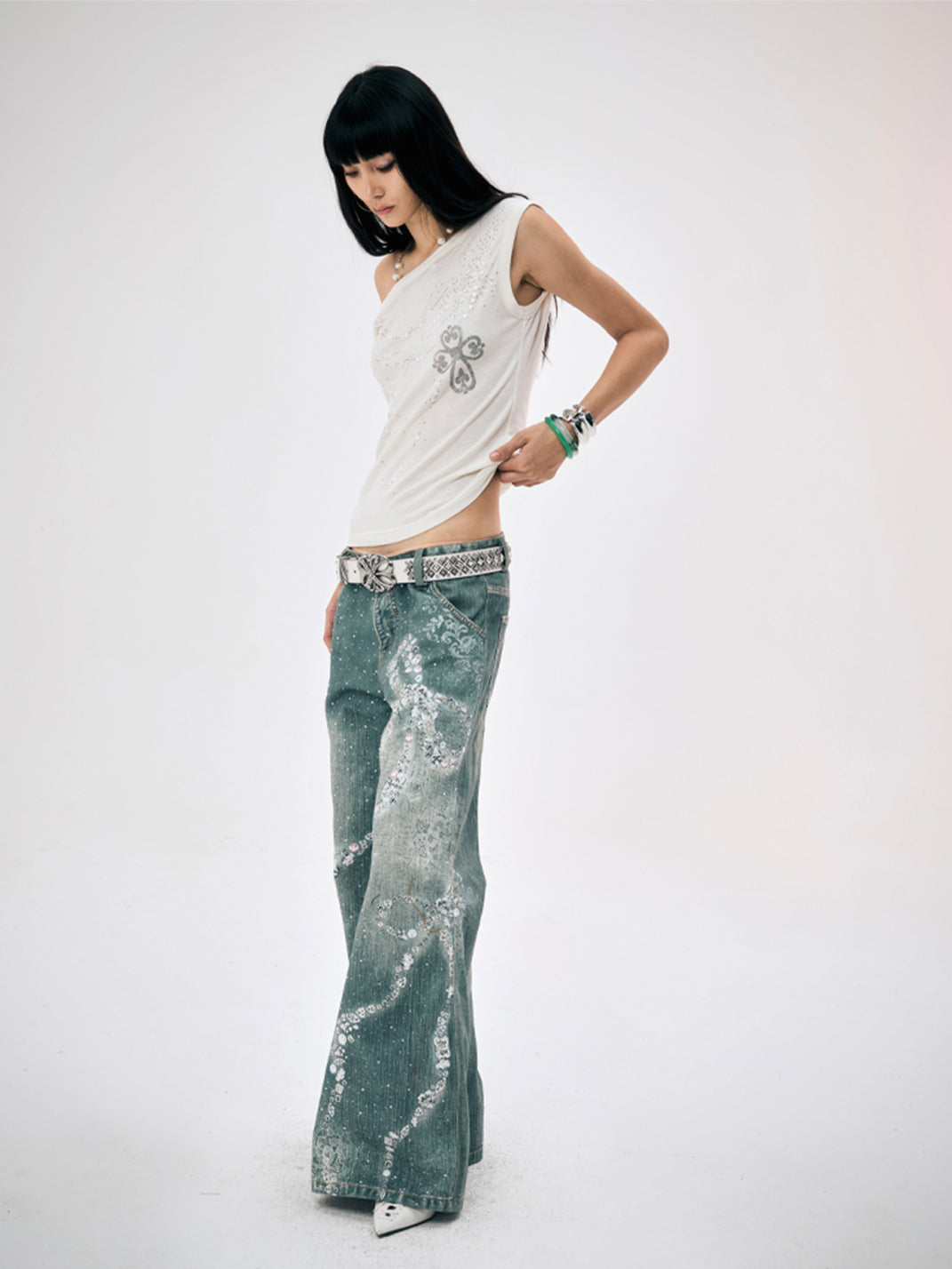 FayChui | Rhinestone Bow Wide-Leg 3D Print Pants - PSYLOS 1, FayChui | Rhinestone Bow Wide-Leg 3D Print Pants, Jeans, FayChui, PSYLOS 1