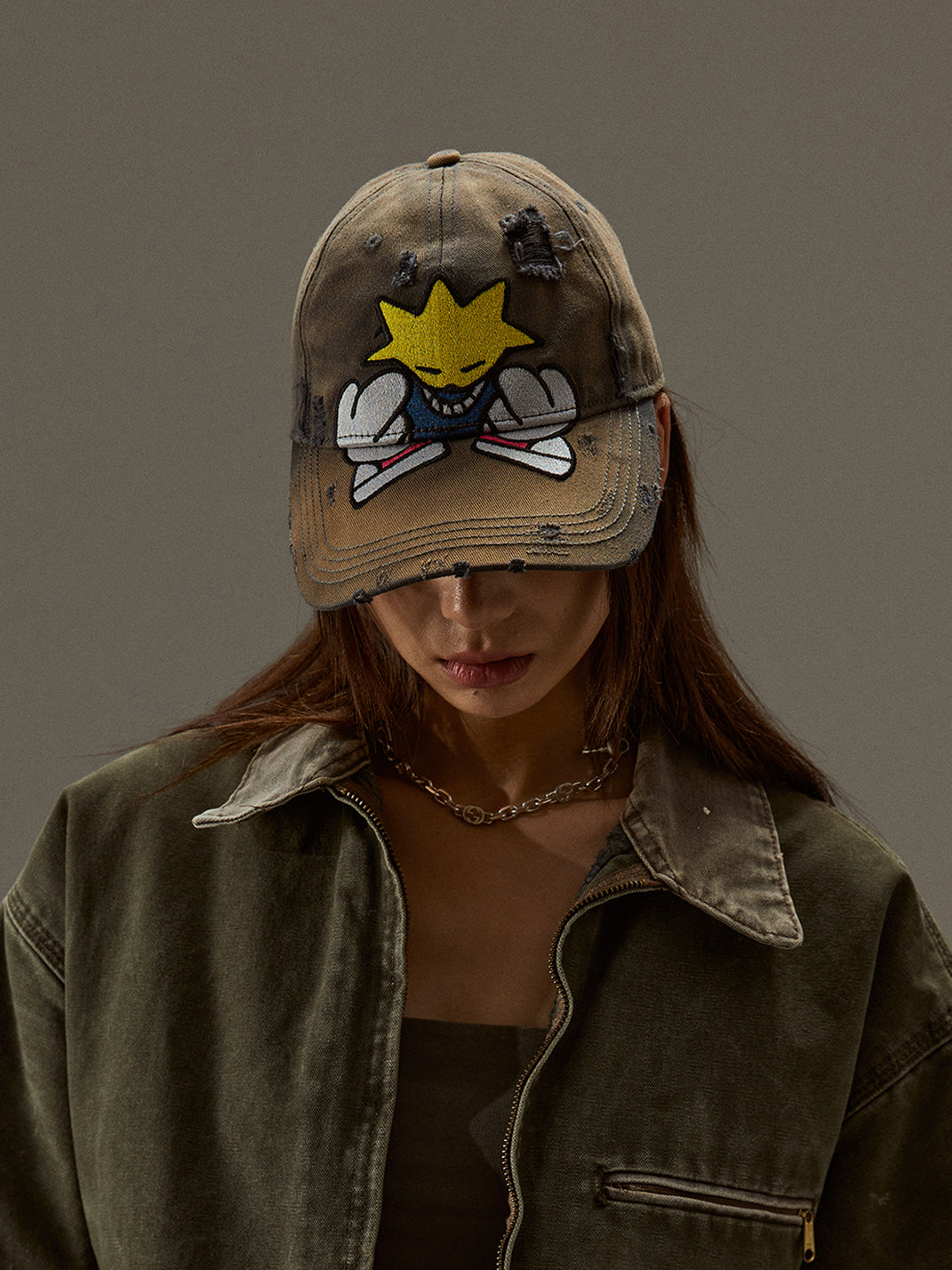 FLEAMARKET | Cartoon Sitchwork Ripped Curve Brim Cap-Brown - PSYLOS 1, FLEAMARKET | Cartoon Sitchwork Ripped Curve Brim Cap-Brown, Hats, FLEAMARKET, PSYLOS 1