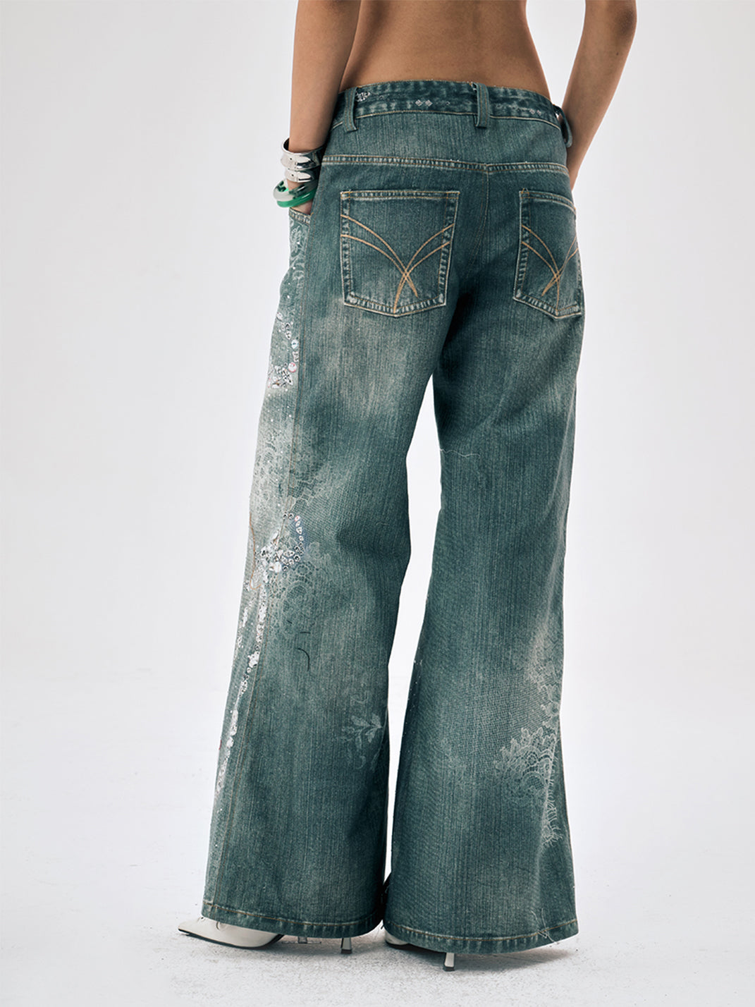 FayChui | Rhinestone Bow Wide-Leg 3D Print Pants - PSYLOS 1, FayChui | Rhinestone Bow Wide-Leg 3D Print Pants, Jeans, FayChui, PSYLOS 1