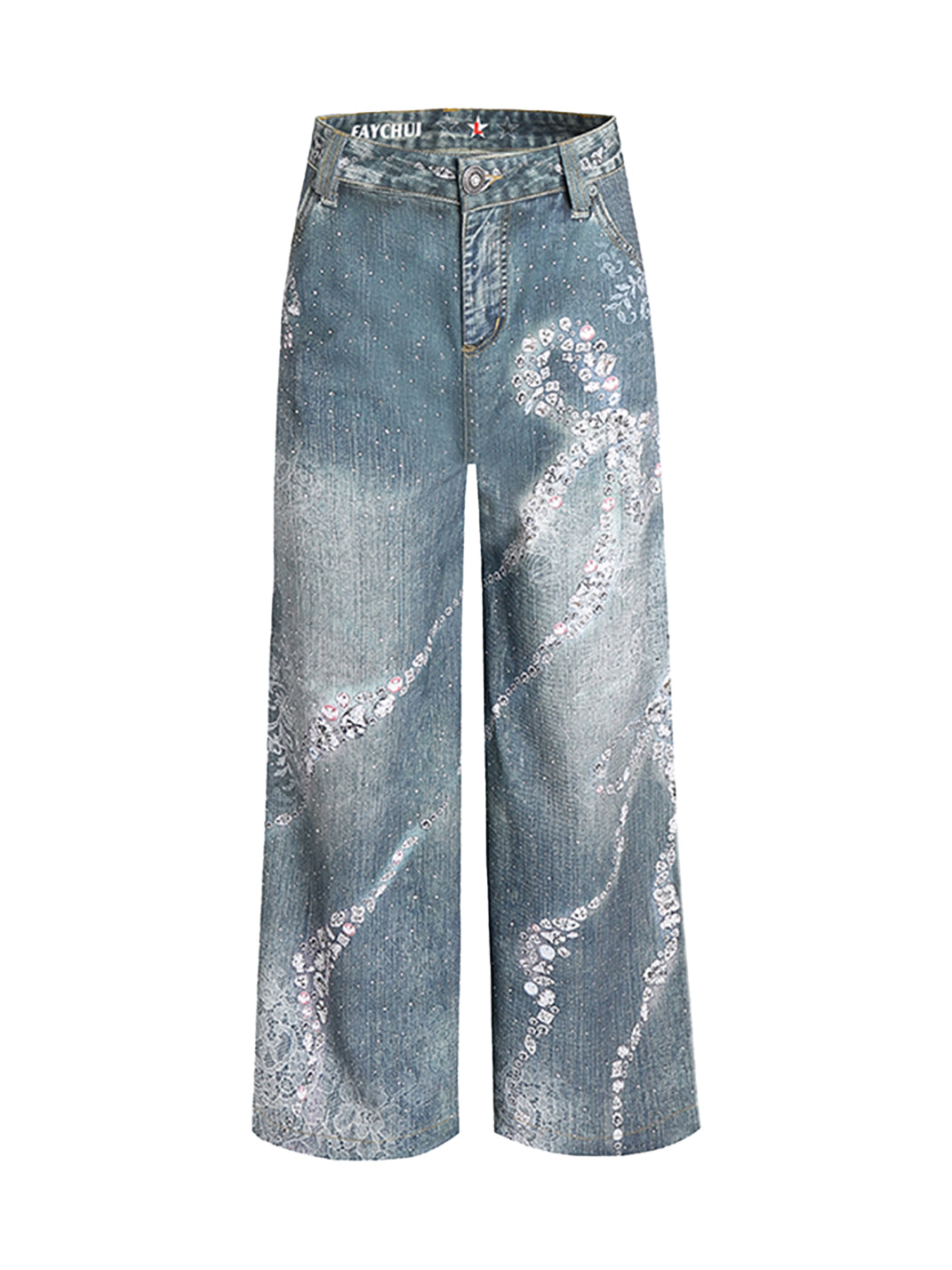 FayChui | Rhinestone Bow Wide-Leg 3D Print Pants - PSYLOS 1, FayChui | Rhinestone Bow Wide-Leg 3D Print Pants, Jeans, FayChui, PSYLOS 1