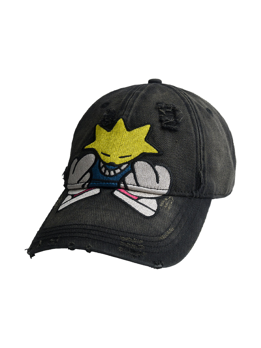FLEAMARKET | Cartoon Sitchwork Ripped Curve Brim Cap-Black - PSYLOS 1, FLEAMARKET | Cartoon Sitchwork Ripped Curve Brim Cap-Black, Hats, FLEAMARKET, PSYLOS 1