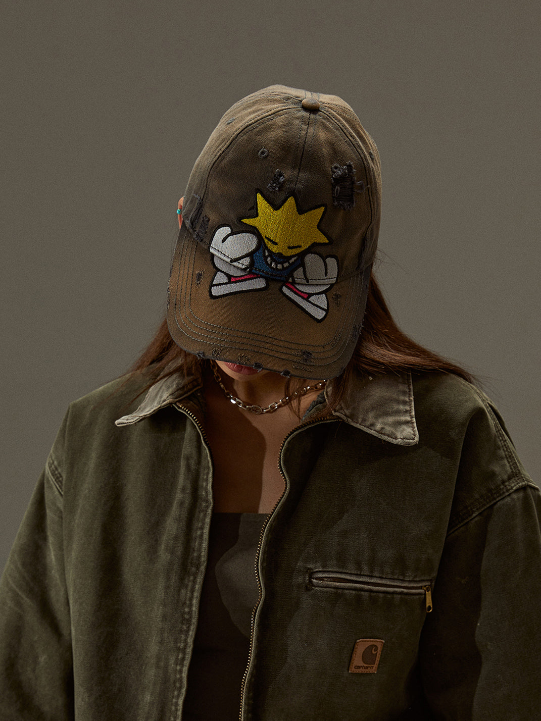 FLEAMARKET | Cartoon Sitchwork Ripped Curve Brim Cap-Brown - PSYLOS 1, FLEAMARKET | Cartoon Sitchwork Ripped Curve Brim Cap-Brown, Hats, FLEAMARKET, PSYLOS 1