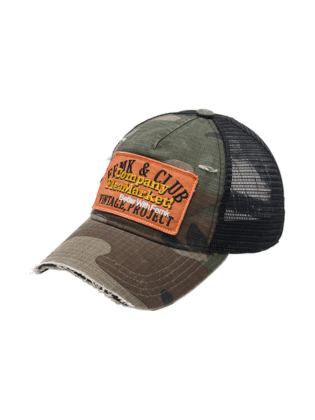 FLEAMARKET | Camo Patchwork Curve Brim Trucker Hat - PSYLOS 1, FLEAMARKET | Camo Patchwork Curve Brim Trucker Hat, Hats, FLEAMARKET, PSYLOS 1