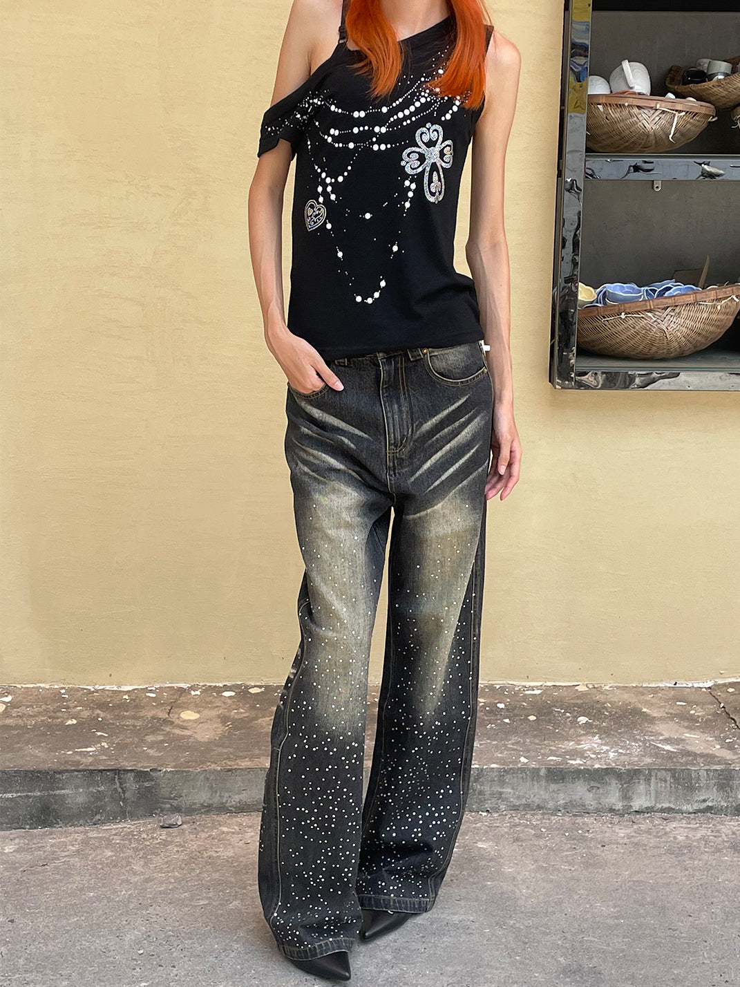 FayChui | Washed Tie-Dye Rhinestone Wide-Leg Jeans - PSYLOS 1, FayChui | Washed Tie-Dye Rhinestone Wide-Leg Jeans, Jeans, FayChui, PSYLOS 1