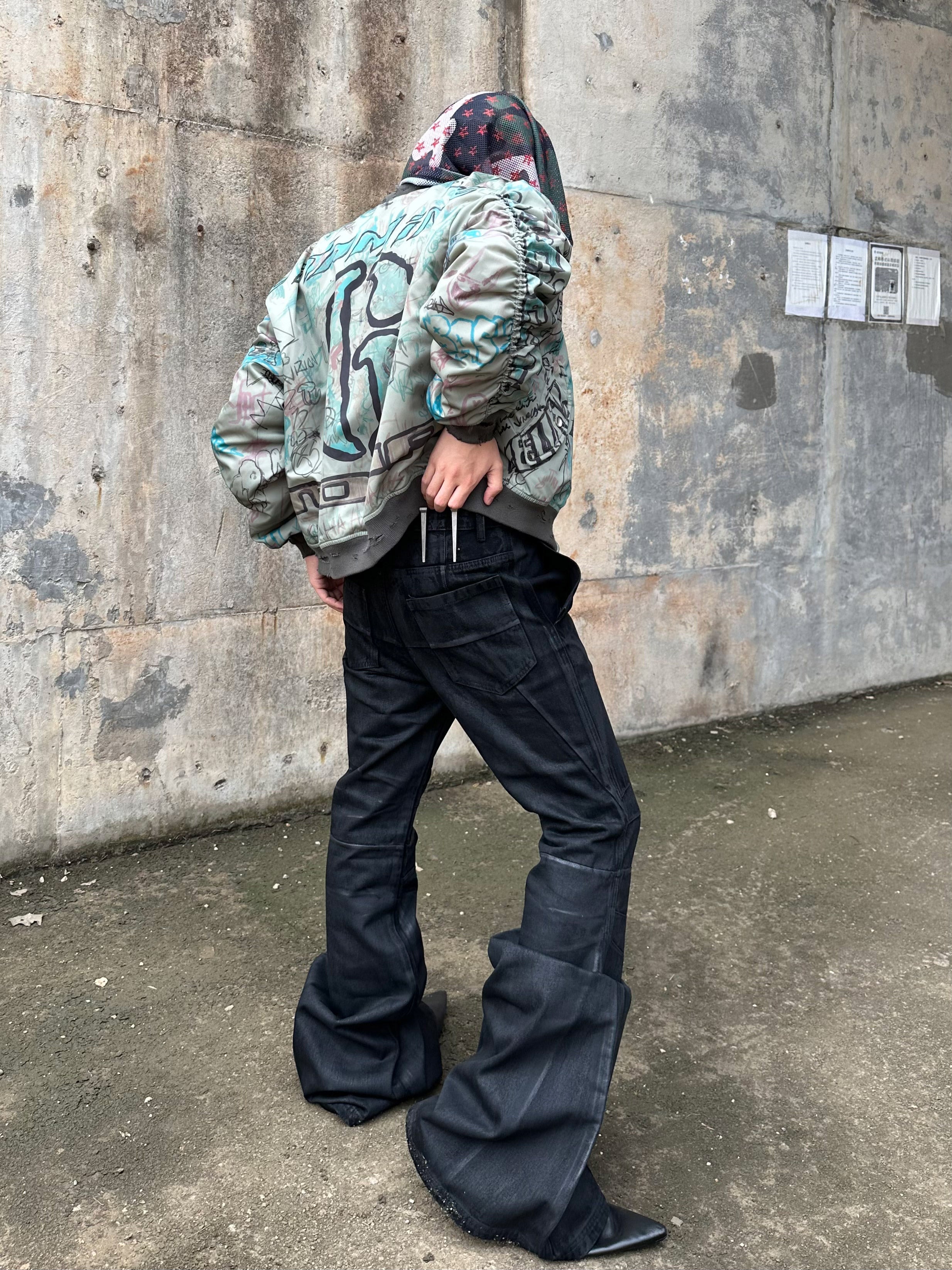 REBEL WAVE丨Hand-Painted Waxed Flare Pants - PSYLOS 1, REBEL WAVE丨Hand-Painted Waxed Flare Pants, Pants, REBEL WAVE•JAPAN, PSYLOS 1