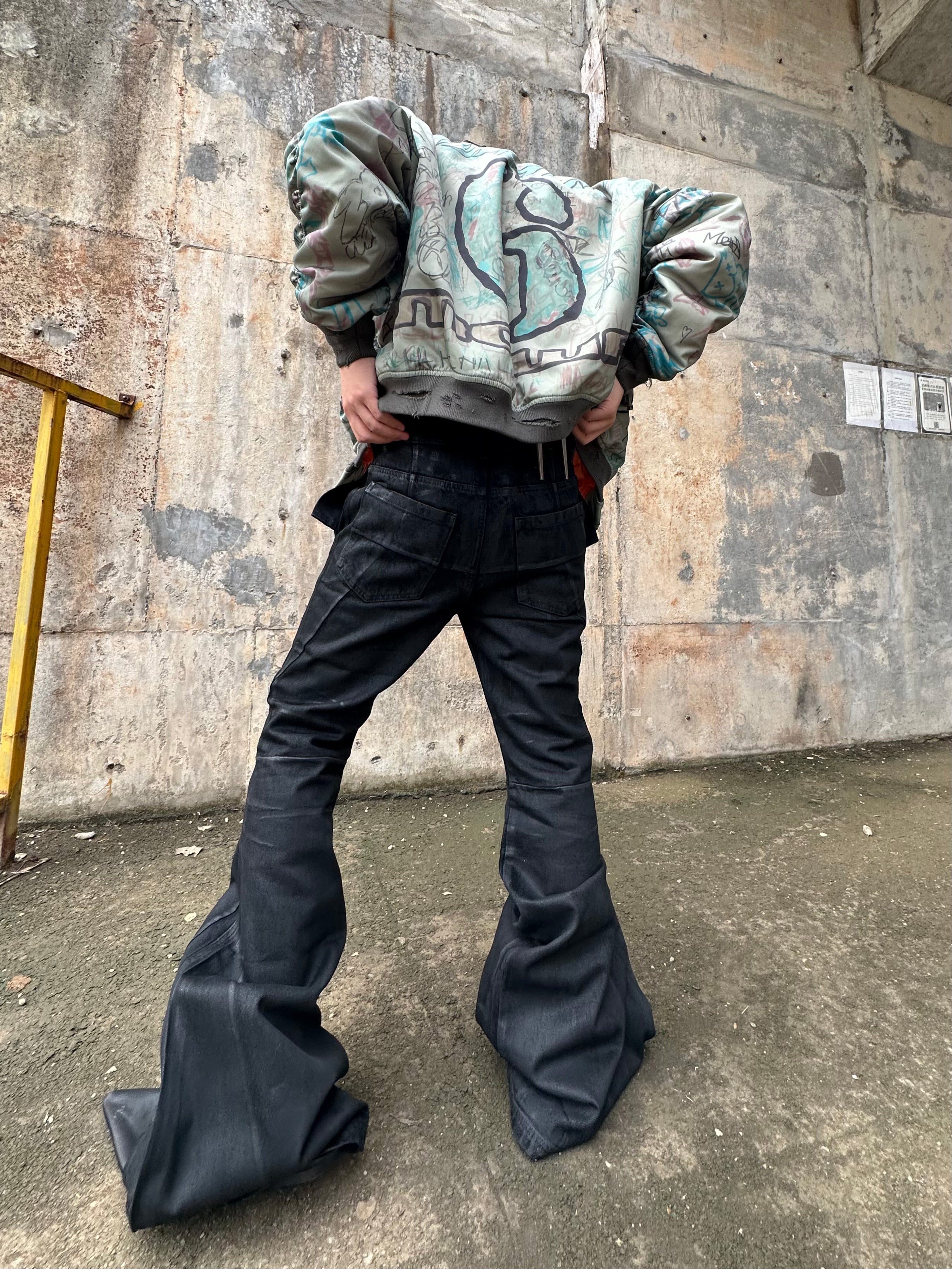 REBEL WAVE丨Hand-Painted Waxed Flare Pants - PSYLOS 1, REBEL WAVE丨Hand-Painted Waxed Flare Pants, Pants, REBEL WAVE•JAPAN, PSYLOS 1